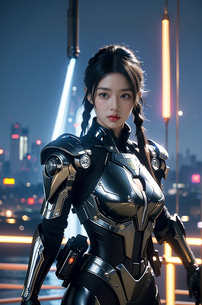 game art，best picture quality，Highest resolution，8k，((A half-length photo))，((portrait))，(rule of thirds)，Unreal Engine 5 rendering works， (Future girl)，(female warrior)， 22-year-old young hacker)，(ancient oriental hairstyle)，(Beautiful eyes full of details)，(big breasts)，(eye shadow)，Elegant and charming，indifferent，((frown))，(Combat suit full of futuristic technology，The costume combines futuristic power armor and，Clothing is decorated with glittering patterns and emblems)，cyberpunk characters，in the style of futuristic， photo poses，city background，lamp，Ray tracing，Game CG，((3D Unreal Engine))，OC rendering reflection pattern
