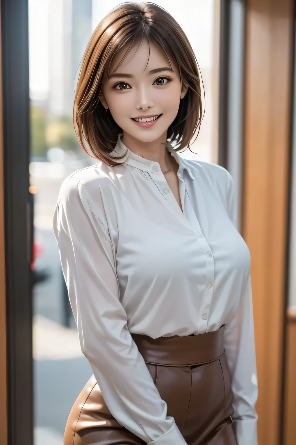 (masterpiece:1.2, Highest quality), (Realistic, photoRealistic:1.4), Beautiful illustrations, (Natural Side Lighting, Cinema Lighting),
Looking at the audience, Face Focus, Upper Body, 1 female, (alone), Japanese, Perfect Face, Perfect body, Symmetrical cute face, Glowing Skin, Baby Face, Mid-chest:1.4
((Medium Hair:1.4, Light brown hair)), Hair between the eyes, Emerald green eyes, Captivating thighs, thin,
Beautiful Hair, Beautiful Face, thin and beautiful eyes, Beautiful clavicle, Beautiful body, Beautiful breasts, Beautiful thighs, Beautiful feet, Beautiful fingers,
(((Ascot Shirt:1.3), Black tight skirt)),
(Beautiful views), evening, (office), Are standing, (Cute Smile, Excellent),