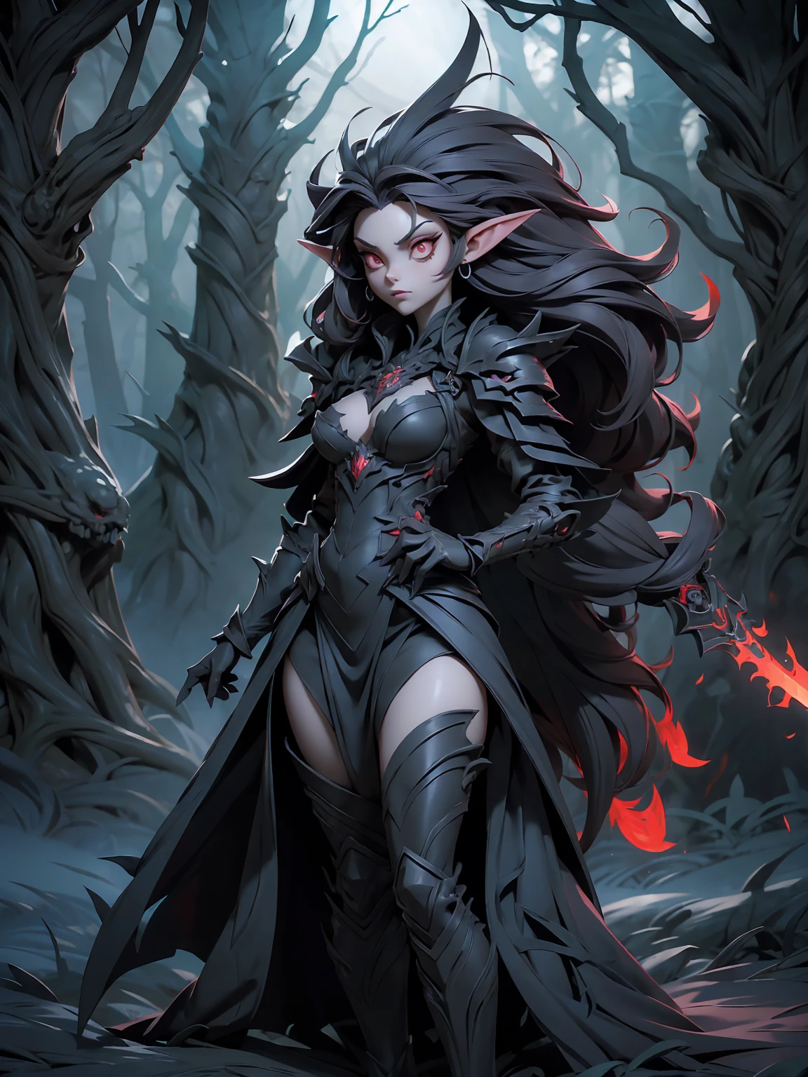 (((masterpiece))),(((highest quality))),(((16k))),((realistic)),((full body shot))A stunning artwork of a fierce demonic elf standing in a cursed forest. The full-body view showcases her in dark armor, exuding an aura of malevolent grace and unyielding power. Her long, flowing dark gray hair frames a face of eerie beauty, highlighted by red eyes that glow with otherworldly menace. She holds a cursed sword, intricately designed and radiating dark energy, adding to her formidable presence. The scenery around her is a twisted, shadowy forest with gnarled trees and glowing red eyes peering from the darkness. Mist and sinister shadows enhance the ominous atmosphere, creating a scene of haunting dread.