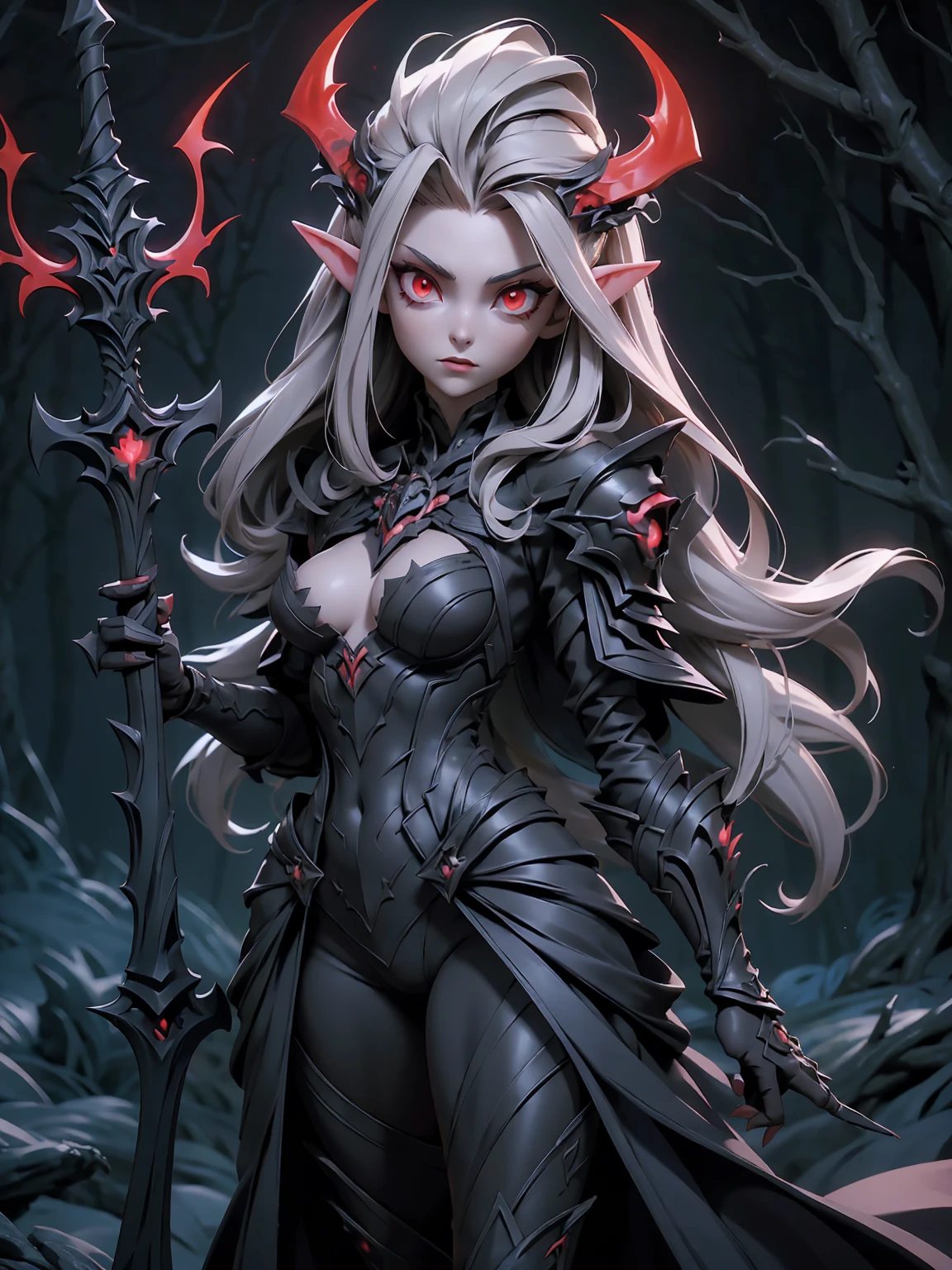 (((masterpiece))),(((highest quality))),(((16k))),((realistic)),((full body shot))A stunning artwork of a fierce demonic elf standing in a cursed forest. The full-body view showcases her in dark armor, exuding an aura of malevolent grace and unyielding power. Her long, flowing dark gray hair frames a face of eerie beauty, highlighted by red eyes that glow with otherworldly menace. She holds a cursed sword, intricately designed and radiating dark energy, adding to her formidable presence. The scenery around her is a twisted, shadowy forest with gnarled trees and glowing red eyes peering from the darkness. Mist and sinister shadows enhance the ominous atmosphere, creating a scene of haunting dread.