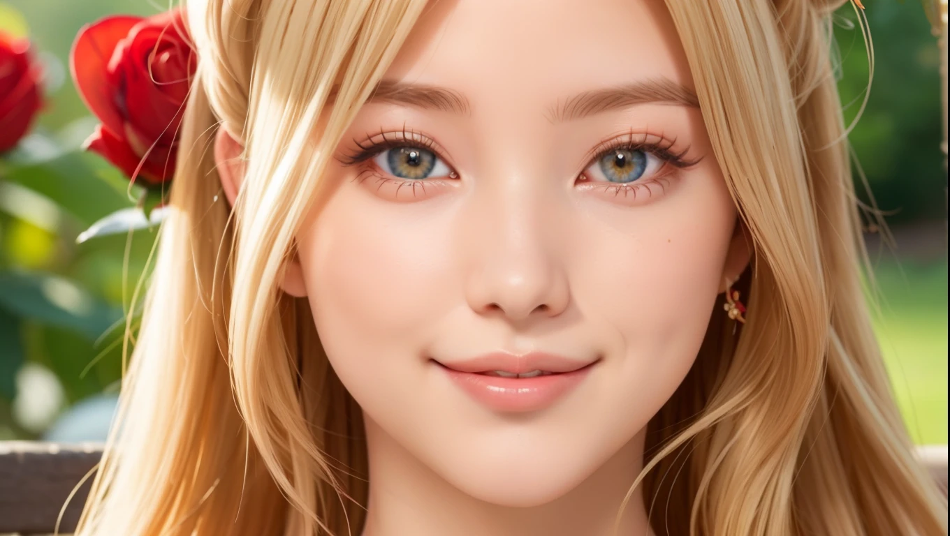 best quality, ultra-detailed, photorealistic: 1.39) masterpiece, best quality, Beautiful butterflies, flowers and red roses, blonder hair, shy smile, making a needy expression, Princess hairstyle