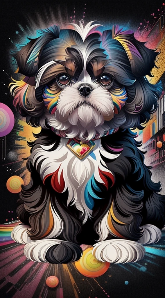 (Black black black black Shih Tzu puppy, dogbest pose),(best angle), (better expression), Eduardo Kobra quilting ,multidimensional geometric wall PORTRAIT, artistry, chibi, yang08k, comely, Colouring, Primary works, top-quality, best qualityer, offcial art, Beautiful and Aesthetic, colorful hair,
