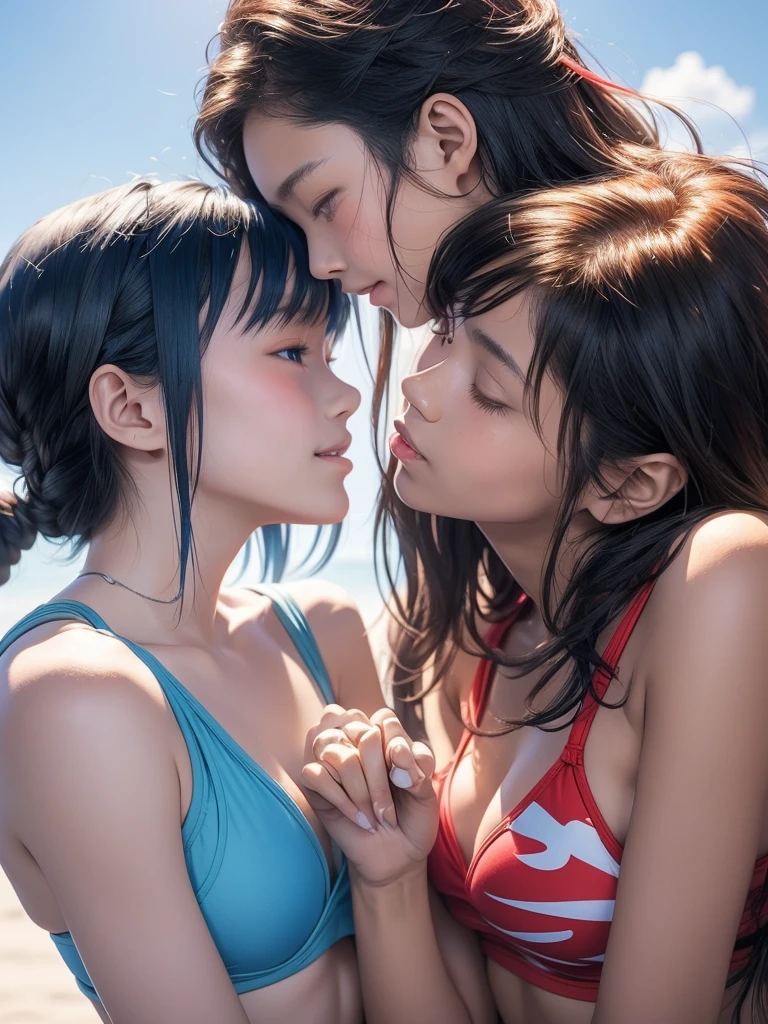 Character Asuka and Character Rey from the Anime Evangelion in a bikini kissing 
(Asuka is a  character with long brown hair and Rey is a 14 year oldwith short blue hair) Make her lips touch each other 