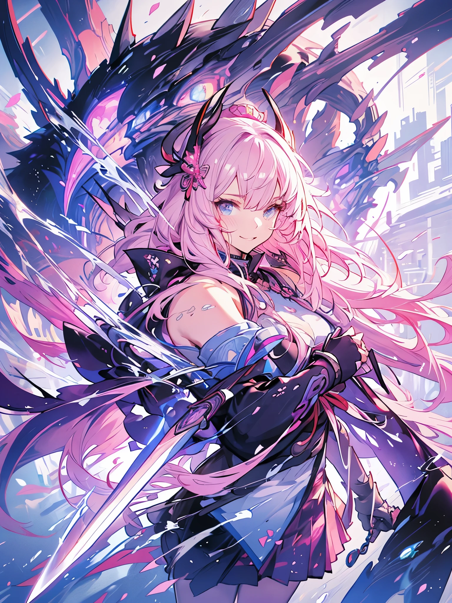 extremely details, perfect, aerial view, like a work of art, anime girl holding an ice and snow sword, pink hair and long purple skirt complement each other, looking at the distant Ayaka Genshin, taking us to the world of Genshin.