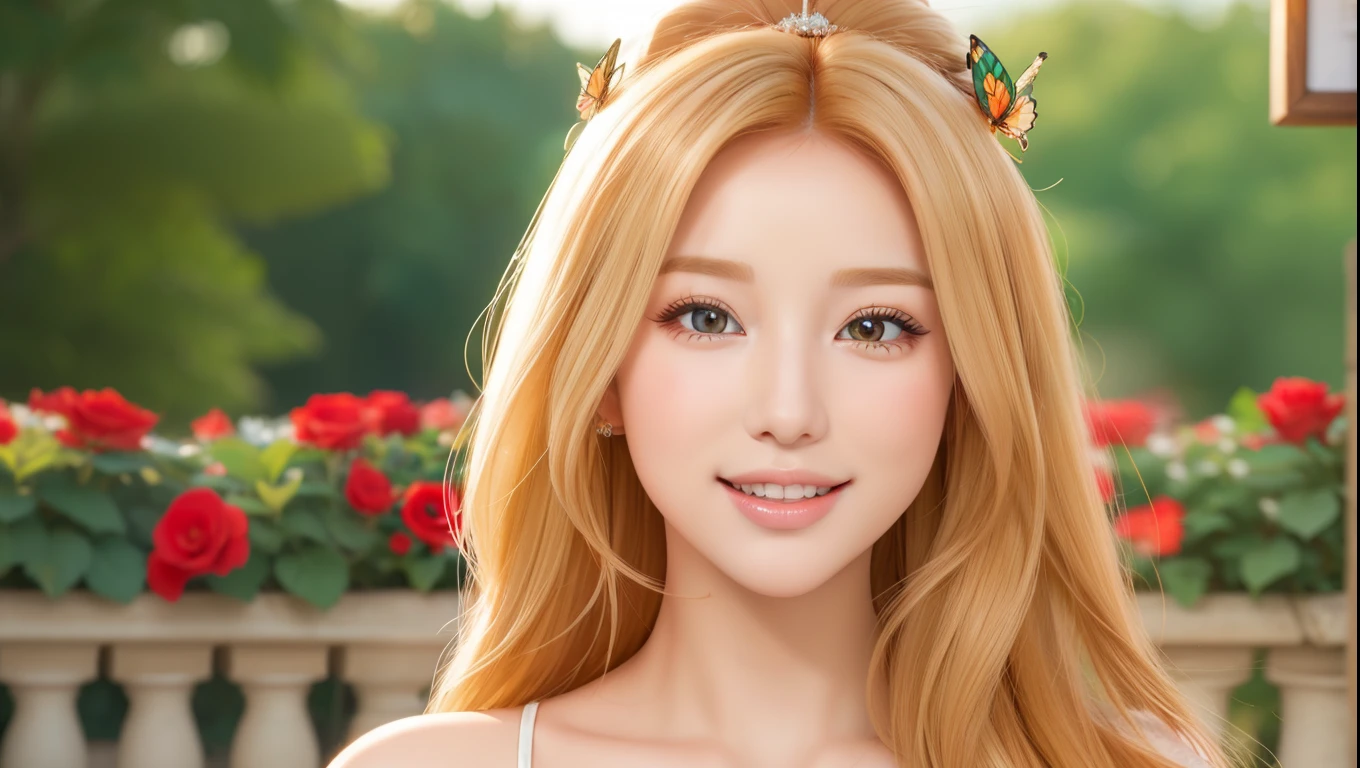 best quality, ultra-detailed, photorealistic: 1.39) masterpiece, best quality, Beautiful butterflies, flowers and red roses, blonder hair, shy smile, making a needy expression, Princess hairstyle