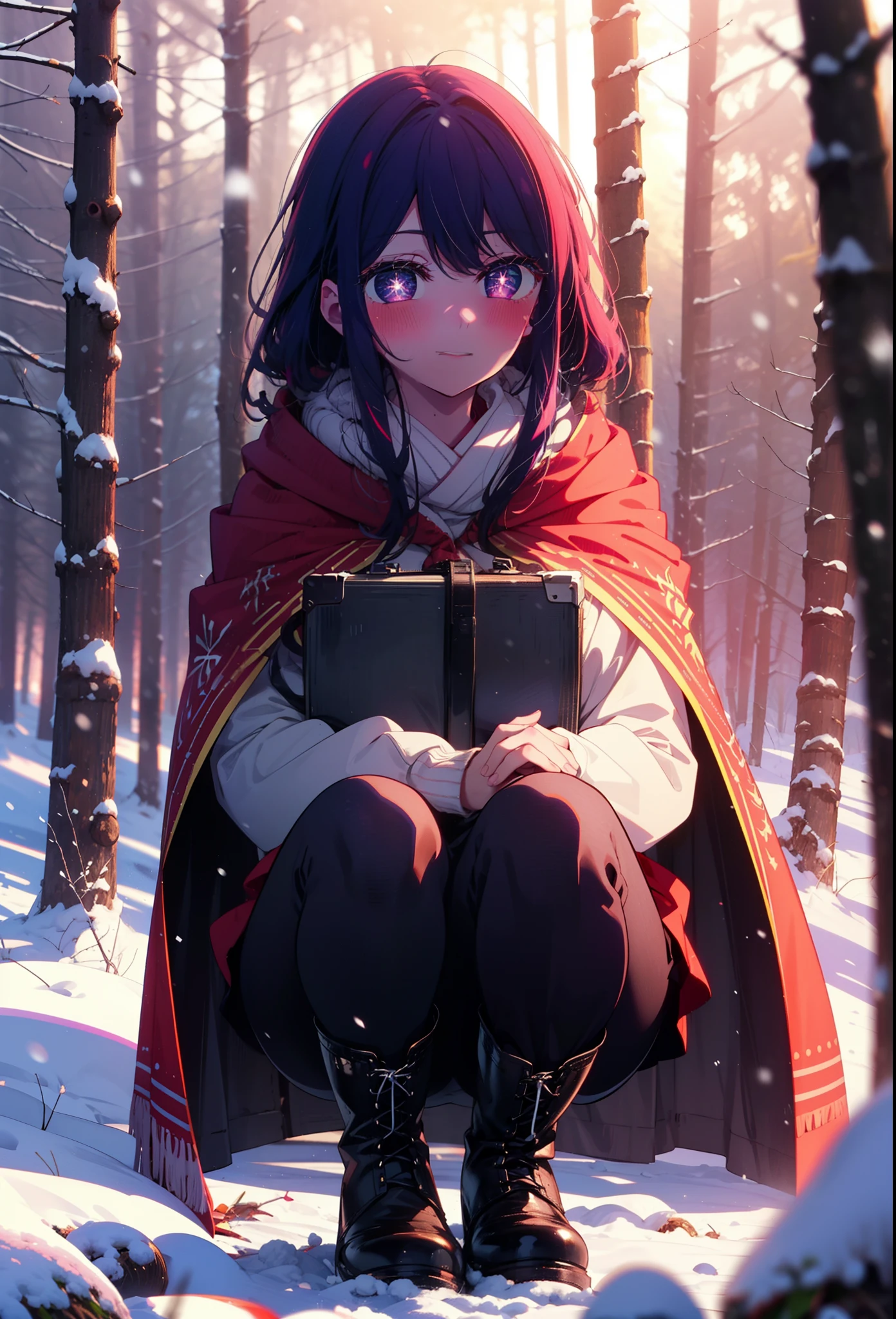 aihoshino, Ai Hoshino, Long Hair, bangs, (Purple eyes:1.1), Purple Hair, (Symbol-shaped pupil:1.5), smile,,smile,blush,white breath,
Open your mouth,snow,Ground bonfire, Outdoor, boots, snowing, From the side, wood, suitcase, Cape, Blurred, , forest, White handbag, nature,  Squat, Mouth closed, Cape, winter, Written boundary depth, Black shoes, red Cape break looking at viewer, Upper Body, whole body, break Outdoor, forest, nature, break (masterpiece:1.2), Highest quality, High resolution, unity 8k wallpaper, (shape:0.8), (Beautiful and beautiful eyes:1.6), Highly detailed face, Perfect lighting, Highly detailed CG, (Perfect hands, Perfect ???????),