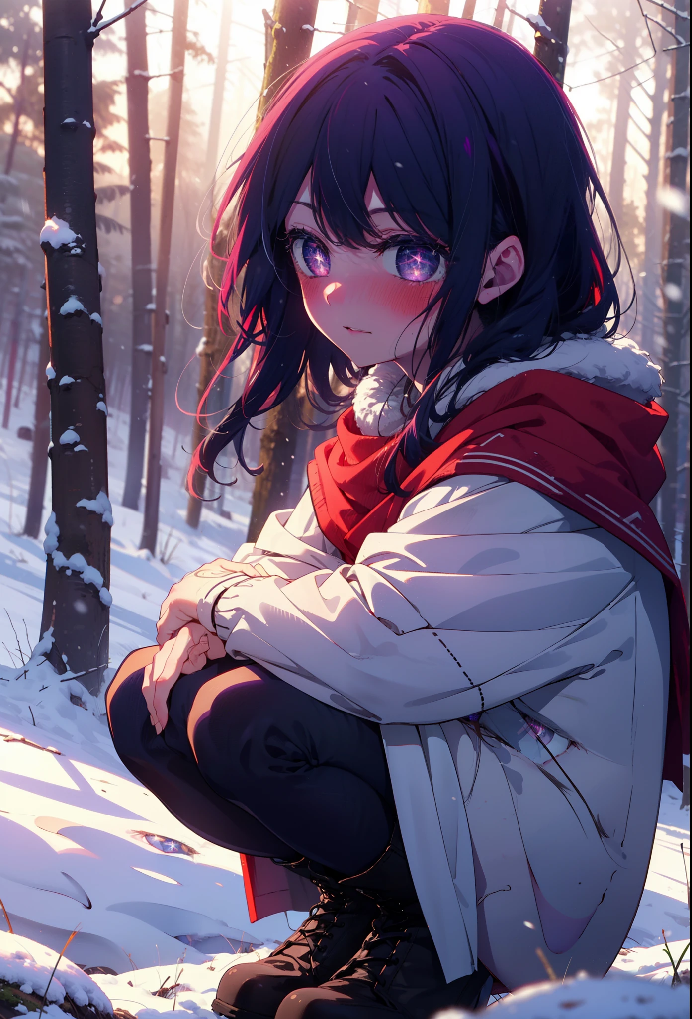 aihoshino, Ai Hoshino, Long Hair, bangs, (Purple eyes:1.1), Purple Hair, (Symbol-shaped pupil:1.5), smile,,smile,blush,white breath,
Open your mouth,snow,Ground bonfire, Outdoor, boots, snowing, From the side, wood, suitcase, Cape, Blurred, , forest, White handbag, nature, Squat, Mouth closed, Cape, winter, Written boundary depth, Black shoes, red Cape break looking at viewer, Upper Body, whole body, break Outdoor, forest, nature, break (masterpiece:1.2), Highest quality, High resolution, unity 8k wallpaper, (shape:0.8), (Beautiful and beautiful eyes:1.6), Highly detailed face, Perfect lighting, Highly detailed CG, (Perfect hands, Perfect Anatomy),