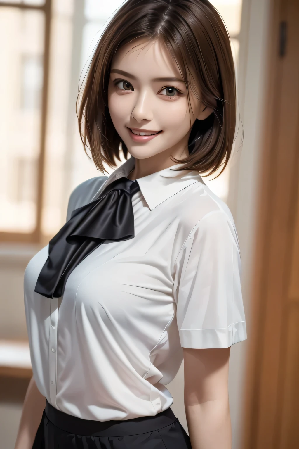 ((highest quality、Masterpiece、High resolution))、(((Zoom photo of upper body))、(A shy smile:1.2)、One -yeld fee、Beautiful Skin、Beautiful Eyes、Large Breasts、shirt、tie、Black Hair、Trimmed bangs、Short Bob