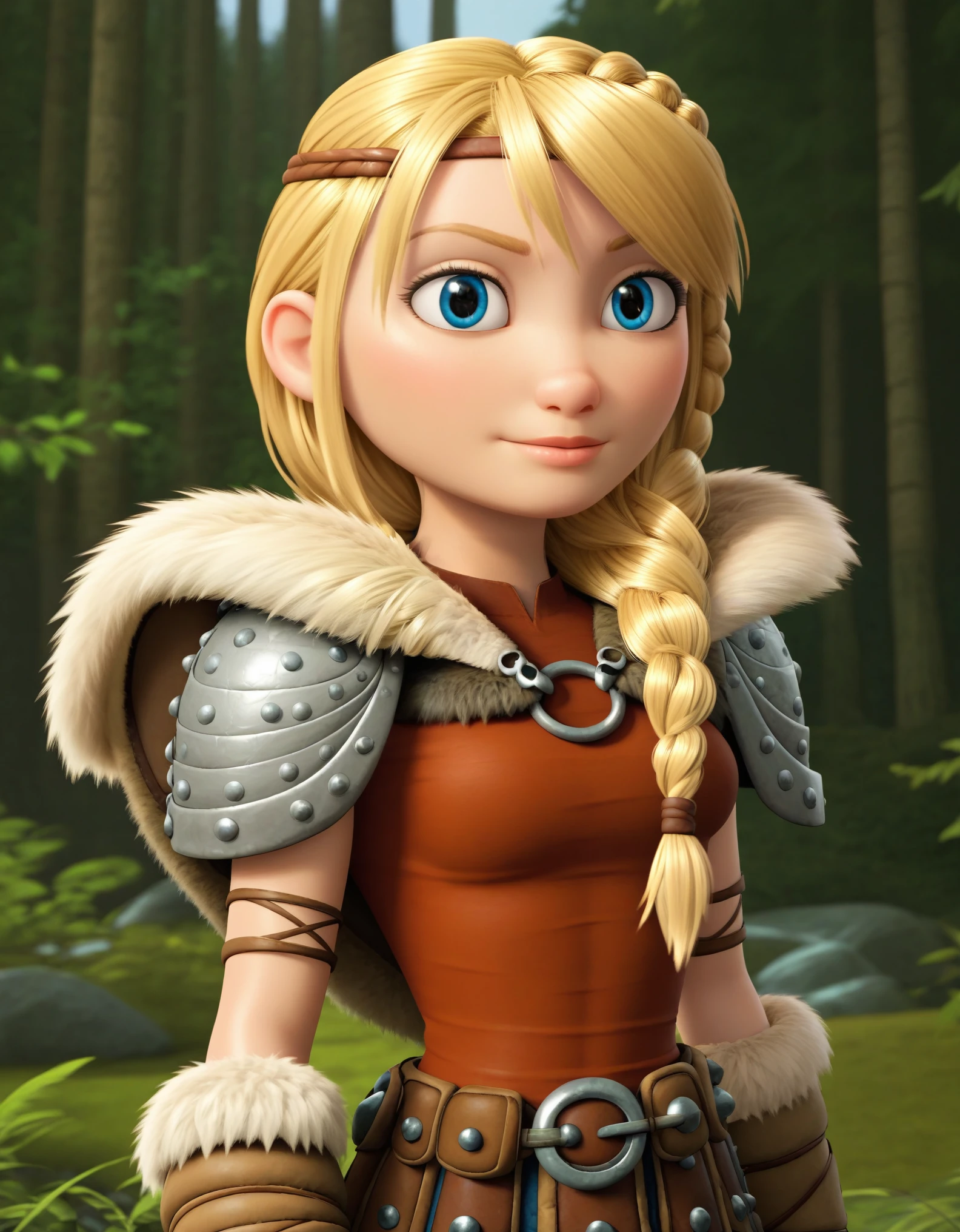 score_9, score_8_up, BREAK, ASTRIDHOFFERSON, 1girl, solo, blonde hair, braid, Long hair, blue eyes, fur trim, shoulder armor, armor, pauldron, depth of field, forest,