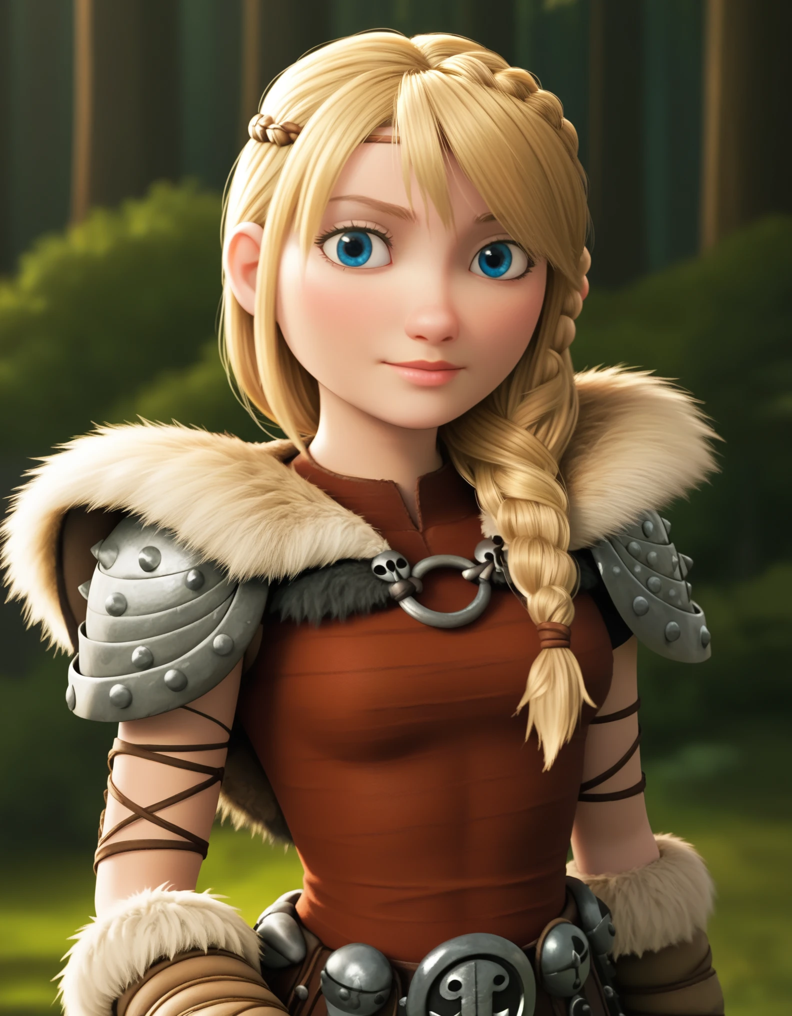 score_9, score_8_up, BREAK, ASTRIDHOFFERSON, 1girl, solo, blonde hair, braid, Long hair, blue eyes, fur trim, shoulder armor, armor, pauldron, depth of field, forest,