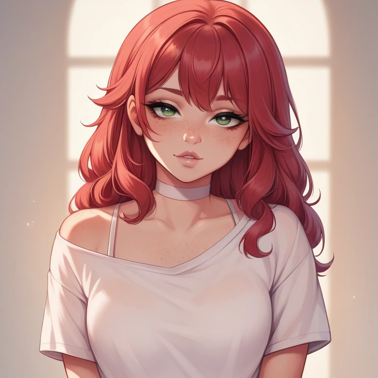 score_9,score_8_up,score_7_up,score_6_up,score_5_up,score_4_up, 14歳, straight chest 1 girl, 14 years old, pretty girl, red hair, loose hair on her shoulders, hair with bangs, pretty nose. seductive lip, seductive innocent look, white choker, pink lips, freckles, green eyes, horny face, wearing a spaghetti strap t-shirt