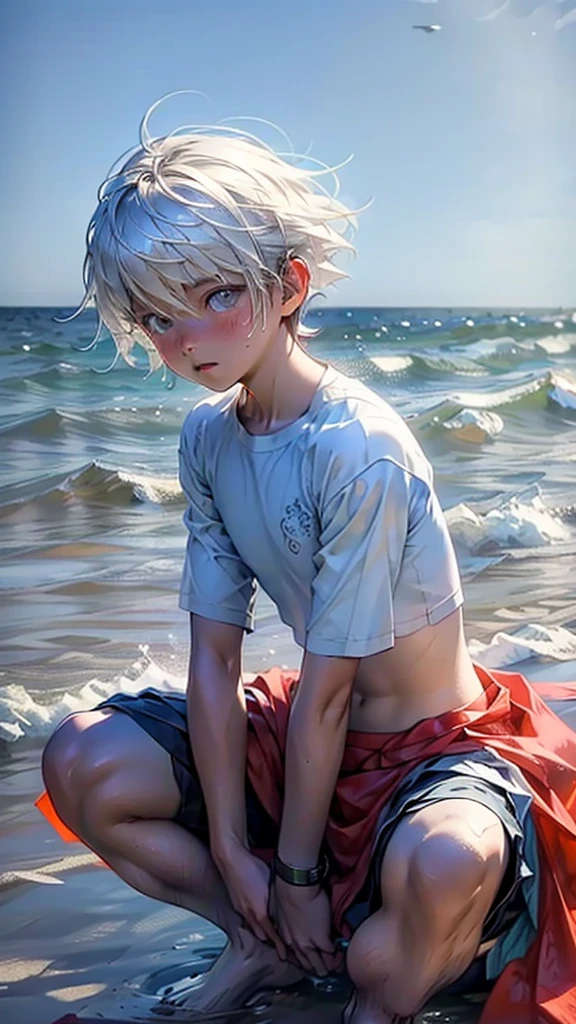 A boy sitting on the beach enjoying the beauty of the sea. The color of the sea water is blue. The color of the sky is orange. Birds are flying in the blue sky. Shocking scene.