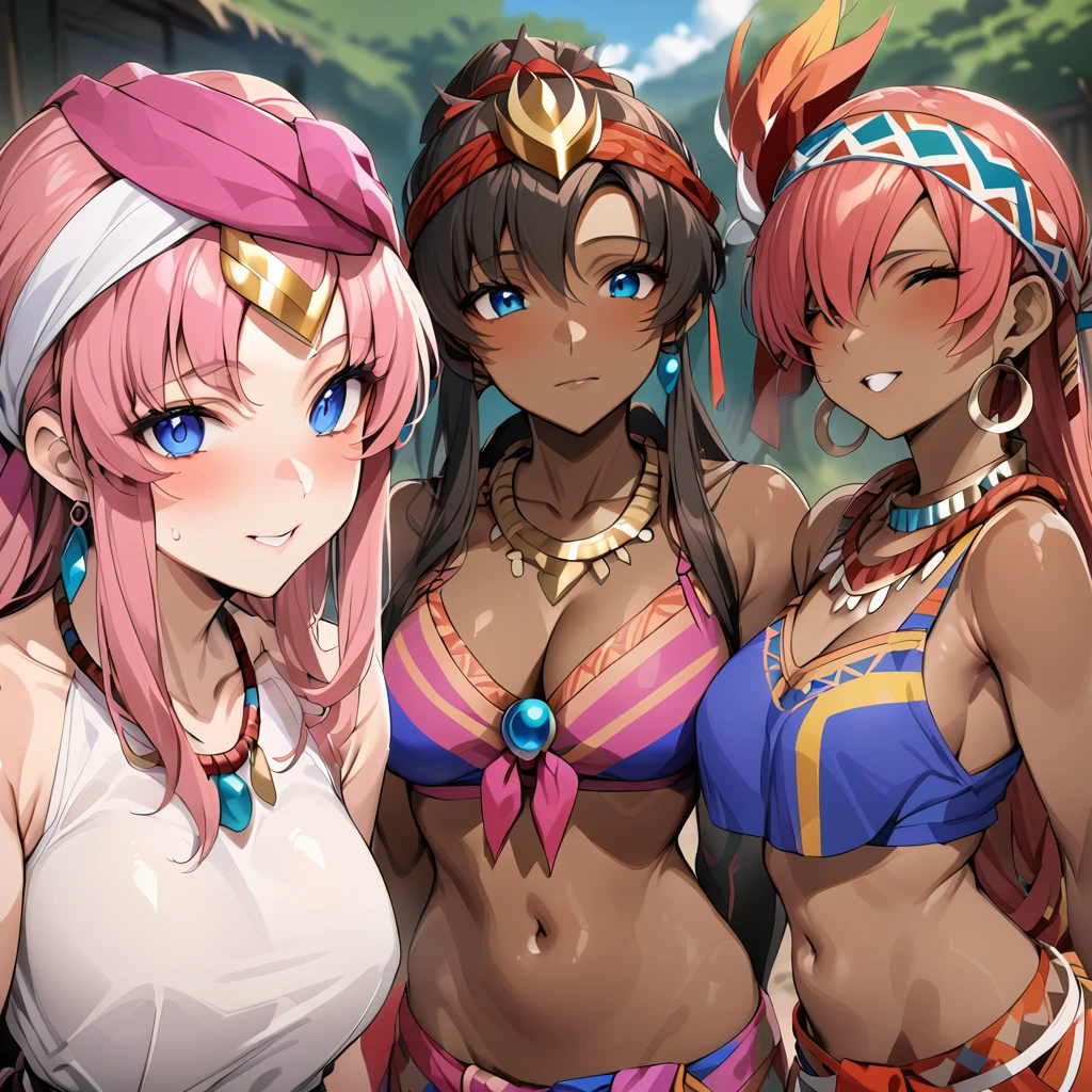 ((Highest quality)), ((masterpiece)), (detailed), (Perfect Face)、The woman is Lacus Clyne, a dark-skinned woman with blue eyes and medium-long pink hair, a hair ornament, a colorful turban headscarf, tribal accessories such as tribal necklaces and tribal earrings, and is an indigenous African woman wearing colorful indigenous tribal clothing.、The woman is in a native African tribal village.