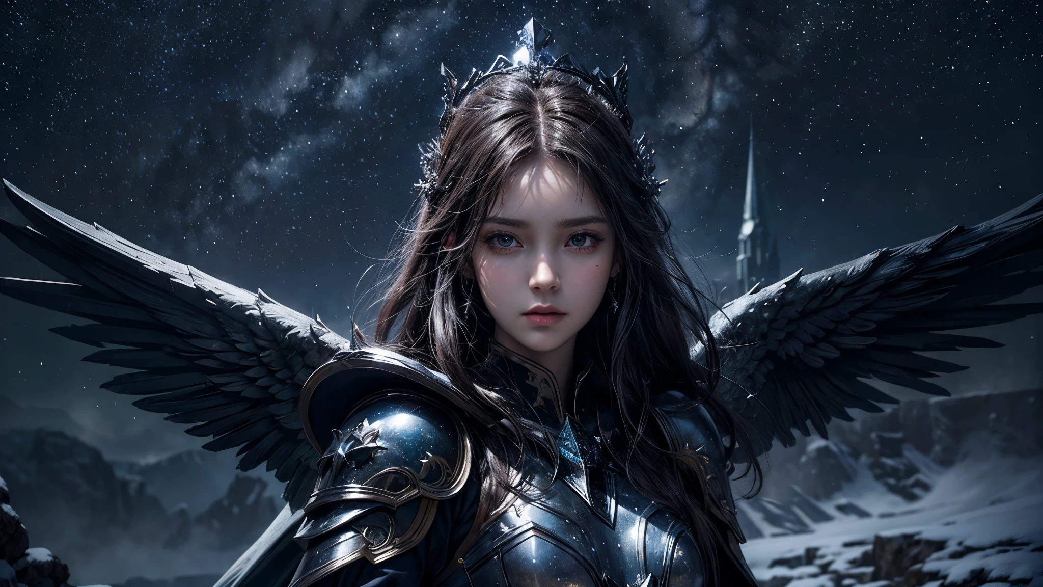 masterpiece, rest, best quality, Very detailed, Super real, 16K, high resolution, castle,snow, ((Starry Sky)),Female Mage,Gorgeous armor,Complex Mode,Pretty Face,Closed mouth,dramatic,Half-length photo,Glowing scepter,Black Wings
