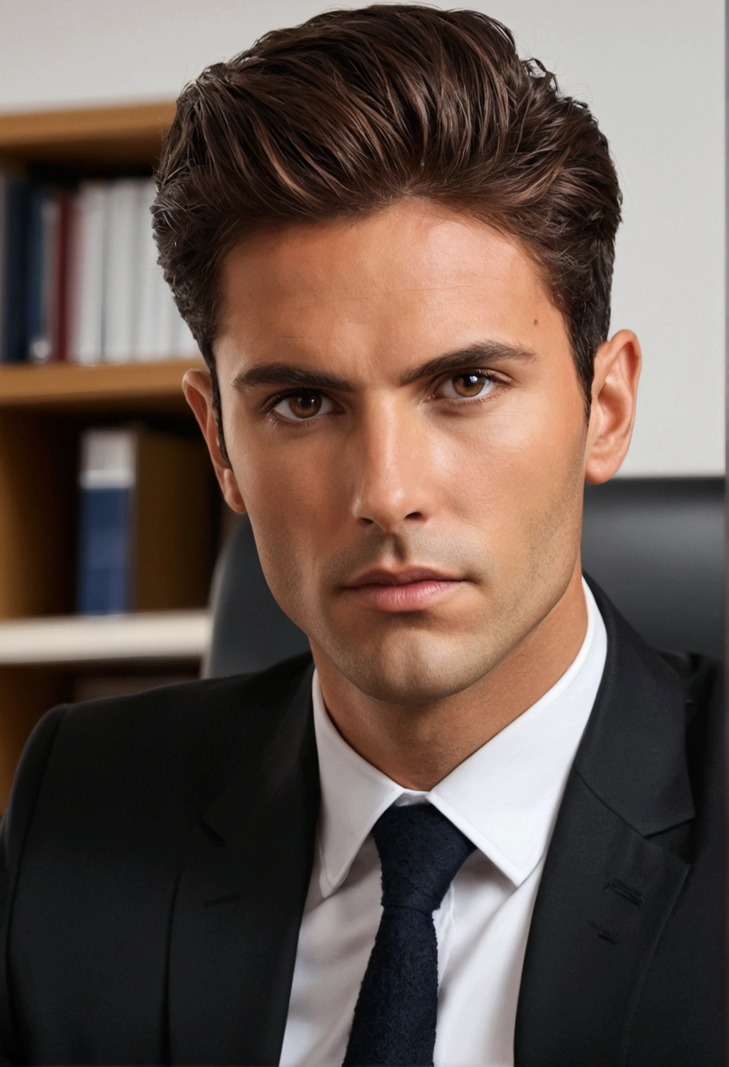 Homme d'affaire, les cheveux brun foncé, yeux marron, de face dans un bureau, ambition