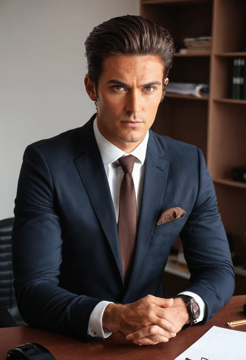 Homme d'affaire, les cheveux brun foncé, yeux marron, de face dans un bureau, ambition