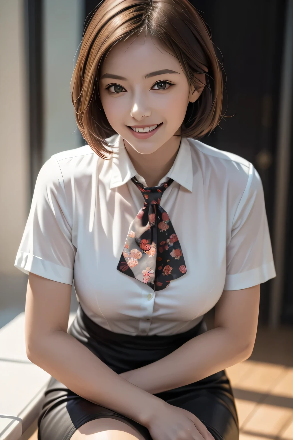 8k, RAW Photos, Highest quality, Tabletop: 1.2), (Realistic, Photorealistic: 1.37), Very detailed, 1 high school girl, Super Beauty(Like the real thing), alone, Beautiful detailed sky, Detailed Coffee, night, Sitting in the store, (Big smile: 1.1), Long brown hair Medium chest, Beautiful detailed eyes, (Collared shirt: 1.1), A bow tie, Pleated skirt, (short hair: 1.2), Long Hair, Beautiful expression Ultra-high resolution,Ultra-Realistic Skin,masterpiece,Highest qualityのPhotorealisticなRAW Photos。Bright colors,Rich colors, Backlight, Cinema Lighting, Film Grain, 50mm lens, Nikon D850,Beautiful expression,Fantasy art,Character Art,View your viewers,Top view,,Accentuate your cleavage,See-through,Dynamic pose,