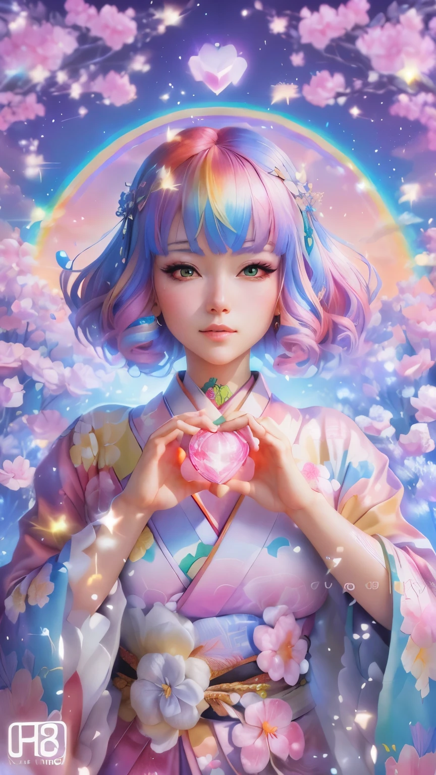 Woman holding a pure pink crystal heart in front of a rainbow, Cute kimono,Close-up, ✏️🎨, Anime Style. 8k, Cute realistic portrait, Trending on artstration, Realistic Anime 3D Style, Beeple and Jeremiah Kettner, Dreamy psychedelic anime, Anime Styled digital art, Anime Styled 3d, 8k high quality detailed art, Beautiful anime art style