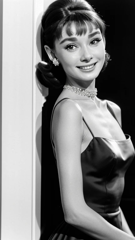 Audrey Hepburn wearing long tight dress with huge neckline and smiling