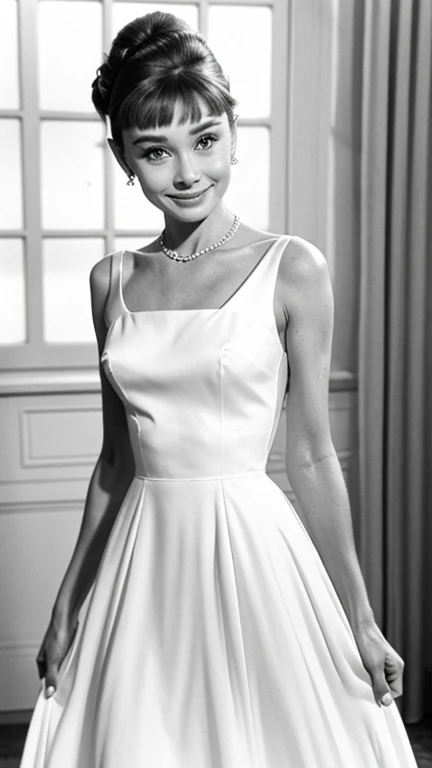 Audrey Hepburn wearing long tight dress with huge neckline and smiling