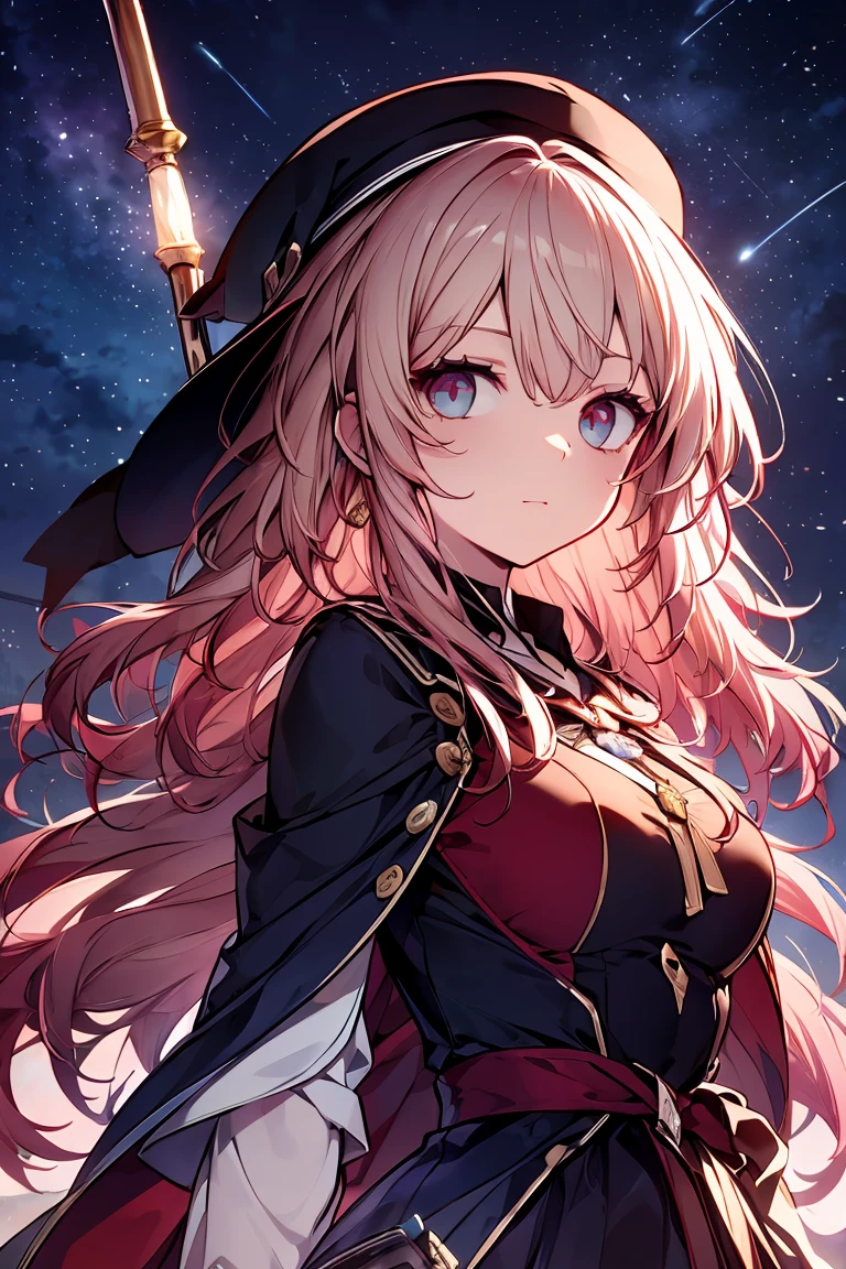 (masterpiece), detailed face, detailed fingers, magical girl, (wizard hat), (wide-brimmed hat), Background (shooting stars, night sky), light effects, Dark brown hair, long hair, windblown hair, 4 foot long wand, (holding wizard's wand), A black cape embroidered with gold thread, a large red ribbon on the chest, Brave expression, Detailed skin, high quality, drawn by professional anime illustrators