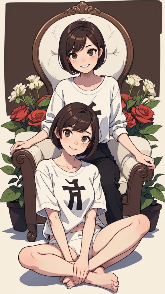 (((masterpiece, best quality, ultra highres, 1 girl, solo, no background))), super detailed skin and face and eyes and finger, young delicate girl, cute girl, very cute japanese woman, small breasts:1.5, skinny, light brown hair, white background, very short pixie hair, cowboy shot, Generate with illustrations, Various expressions, Various poses, Please draw the entire character within the frame, ensuring that the head, arms, and legs are not cut off. The background should be simple, with the character positioned centrally, outline, anime, 2d, boyish, spread legs, smile showing teeth, white panties, Cross-legged sitting, big clothes, baggy clothes, comfortable clothes,