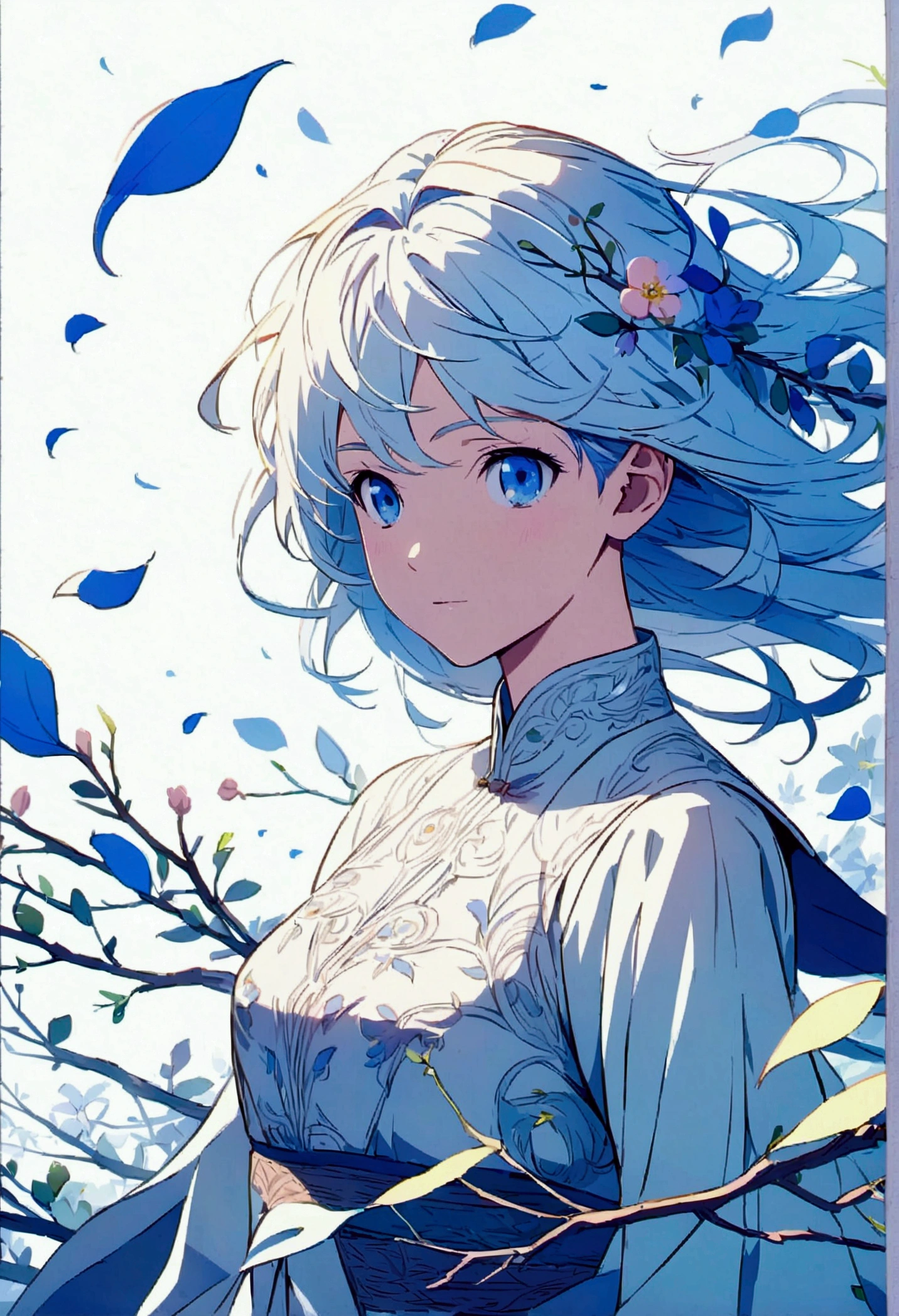 White background, with flower branches and blue petals blown by the wind, rich in details, 4K, bright coloured, anime styling,
