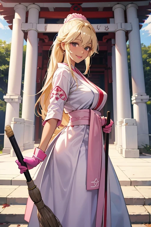 A dark-skinned blonde girl wearing large pink rubber gloves and a white shrine maiden outfit is smiling as she cleans the grounds of a shrine with a broom.　Thick lips