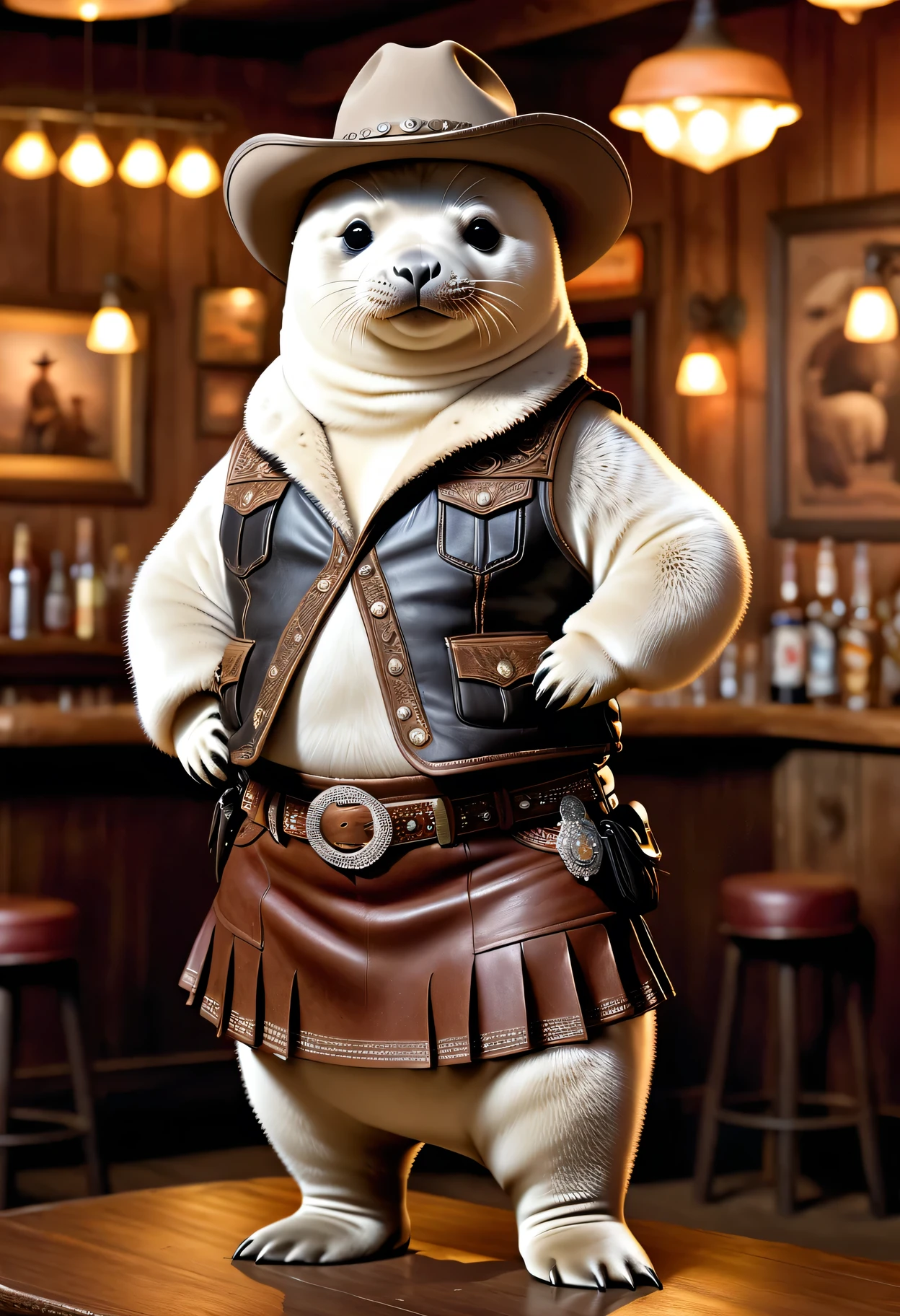 photorealistic portrait of ((Dressed animals)) - a ((fat))  ((seal)) cowgirl, (furry),(full body image:2.0),(elegant pose:1.5) Wearing cowboy clothes and hat,(wearing leather short skirt and vest),(hands on hips:1.5),(happy),(smile:1.5), Old-fashioned cowboy hat, in western movie bar background, , western style bar  background,(looking at viewer:1.5),score_9, score_8_up, score_7_up, score_6_up, score_5_up, score_4_up,