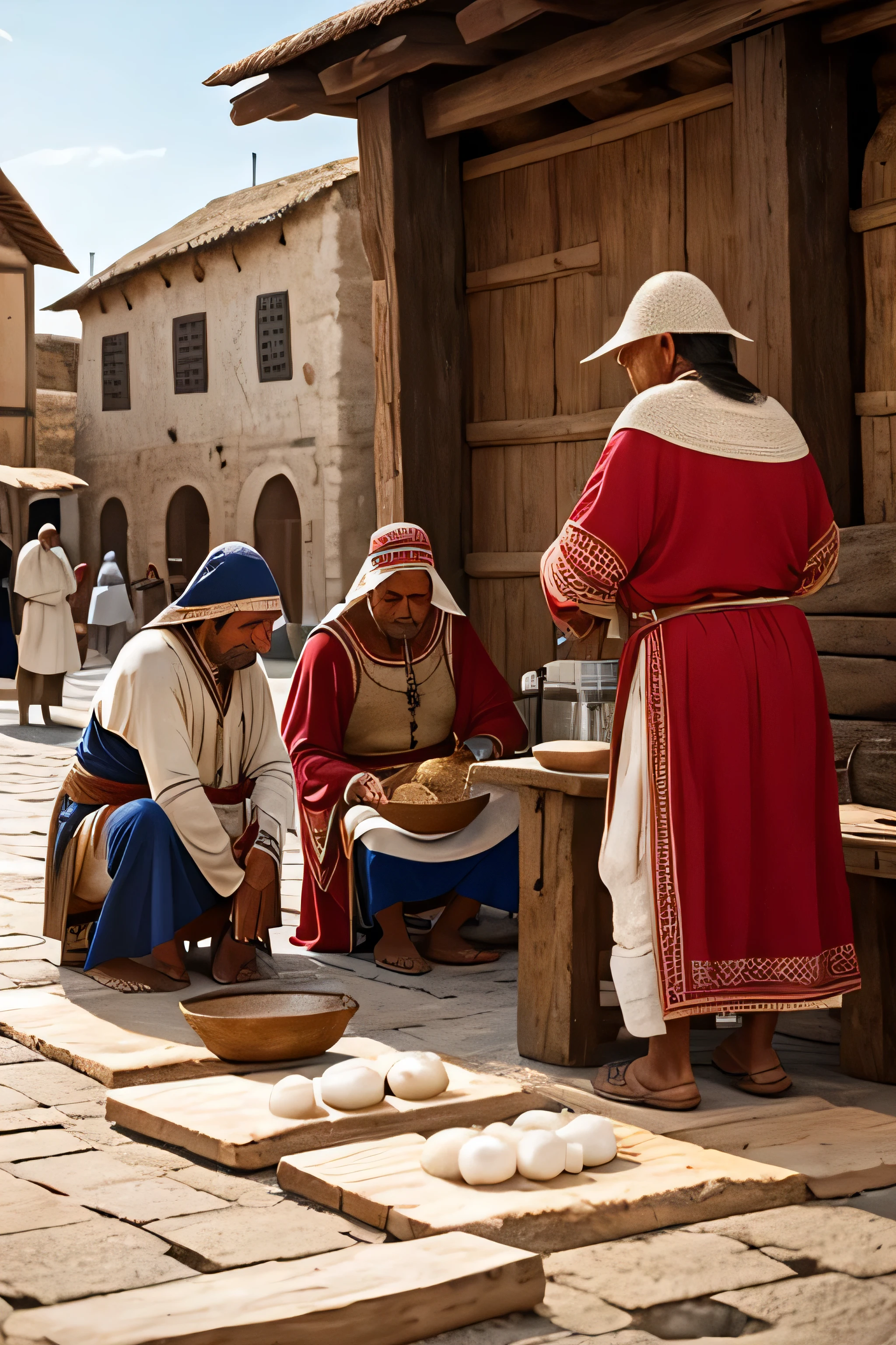 poor indigenous people of medieval age in the square exchanging salt with wood