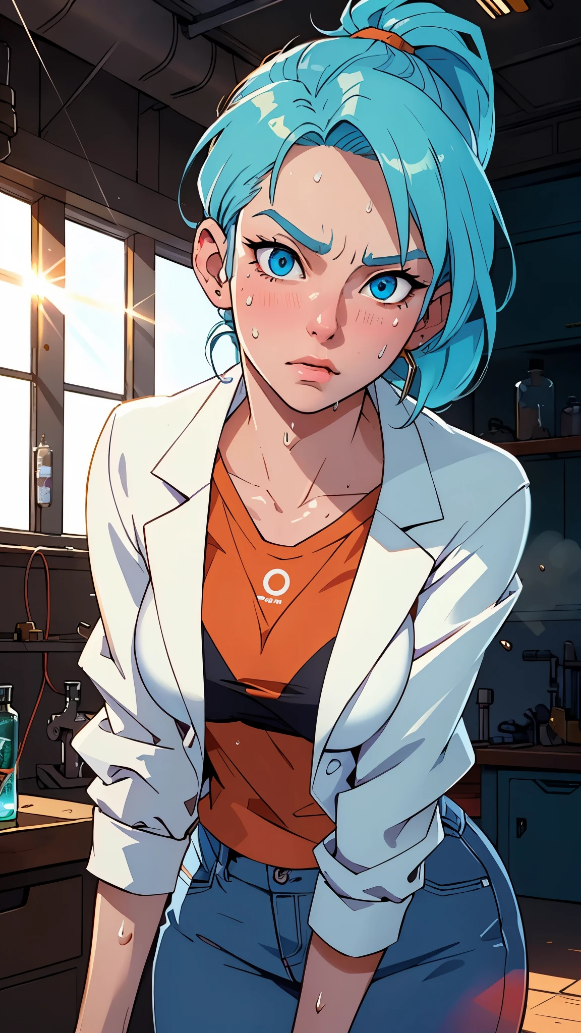 ((((masterpiece, best quality, high resolution)))), Extremely detailed 8K, 1 female, (Bulma from Dragon Ball) wearing a white jacket, (Ultra HD, Ultra-detailed, Highly detailed, Highly realistic, Ultra-realistic, photograph realistic), (1girl:1.5), (Realistic pony tail, blue hair), (dynamic poses), facing at camera, looking at viewer, (a serious focus face), (regular blue eyes, sharp eyes), (perky breasts:1.2), (beautiful detailed face, beautiful detailed eyes), ((slightly sweating)), (working on a mechanical invention), sweat, glow, (sunbeam, sunlight), ((cowboy shot)), laboratory background, seductive, EnvyBetterHands LoCon,