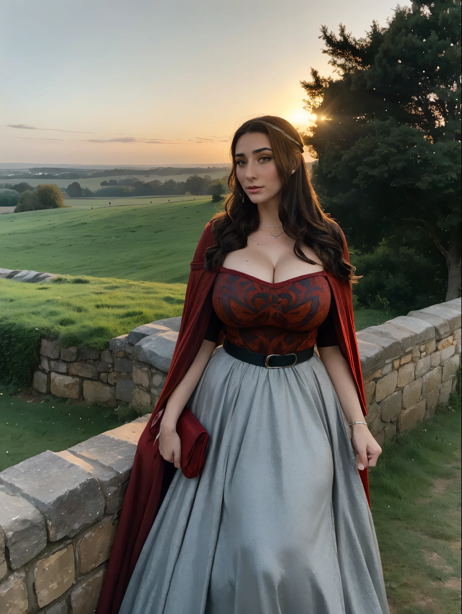 Gorgeous and sultry busty athletic (thin) brunette queen with sharp facial features wearing a modest updo, dark red medieval dress, long sleeves, intricate patterns, scrollwork, wide neck, crown, veil, long dress, modest dress, tight bodice, silver belt, (waist chain), medieval jewelry, Middle Ages, castle, rampart, wall, exterior, on top of a castle wall, trees, countryside, evening, sunset.