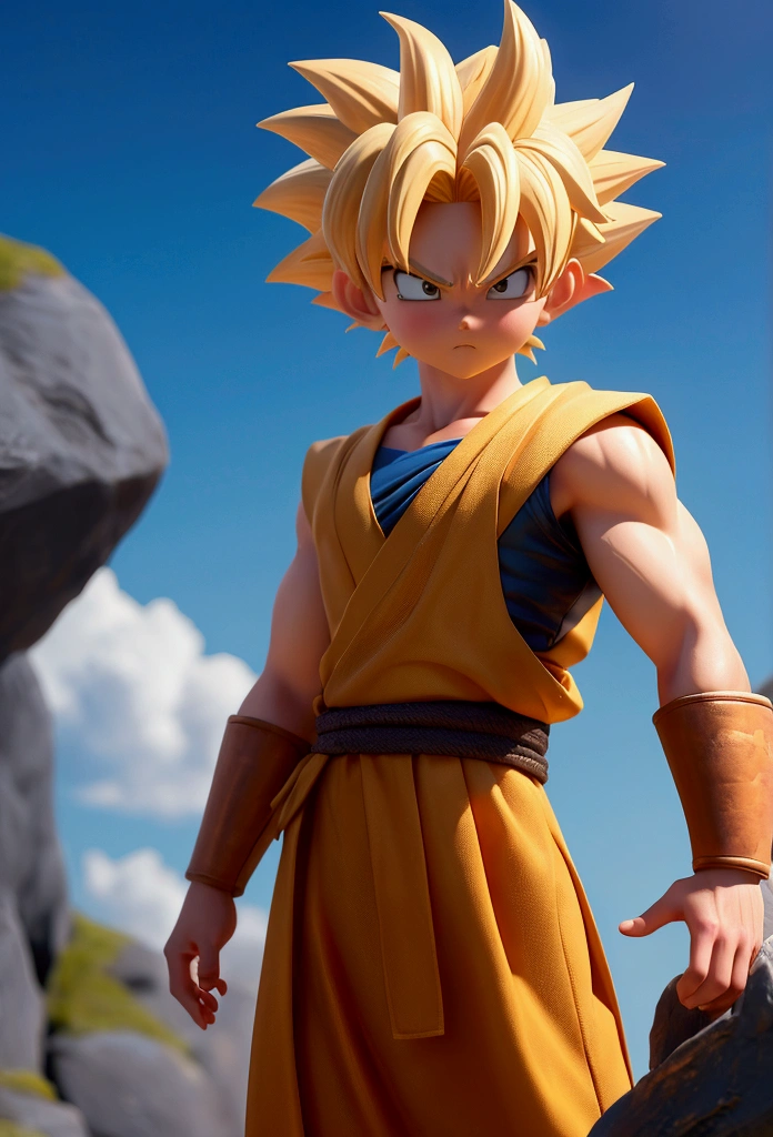 masterpiece, ultra detailed background, delicate pattern, intricate detail, highly detailed, fine details, best quality, studio lighting, 4K, 8K,
1boy, super saiyan, outstretched arm, outstretched hand, (blonde hair:1.3), clenched hands, frown, solo, standing, Akira Toriyama,
rocks, wilderness, blue sky,blurry, blurry background, blurry foreground, depth of field, motion blur,
cowboy shot,
son goku,