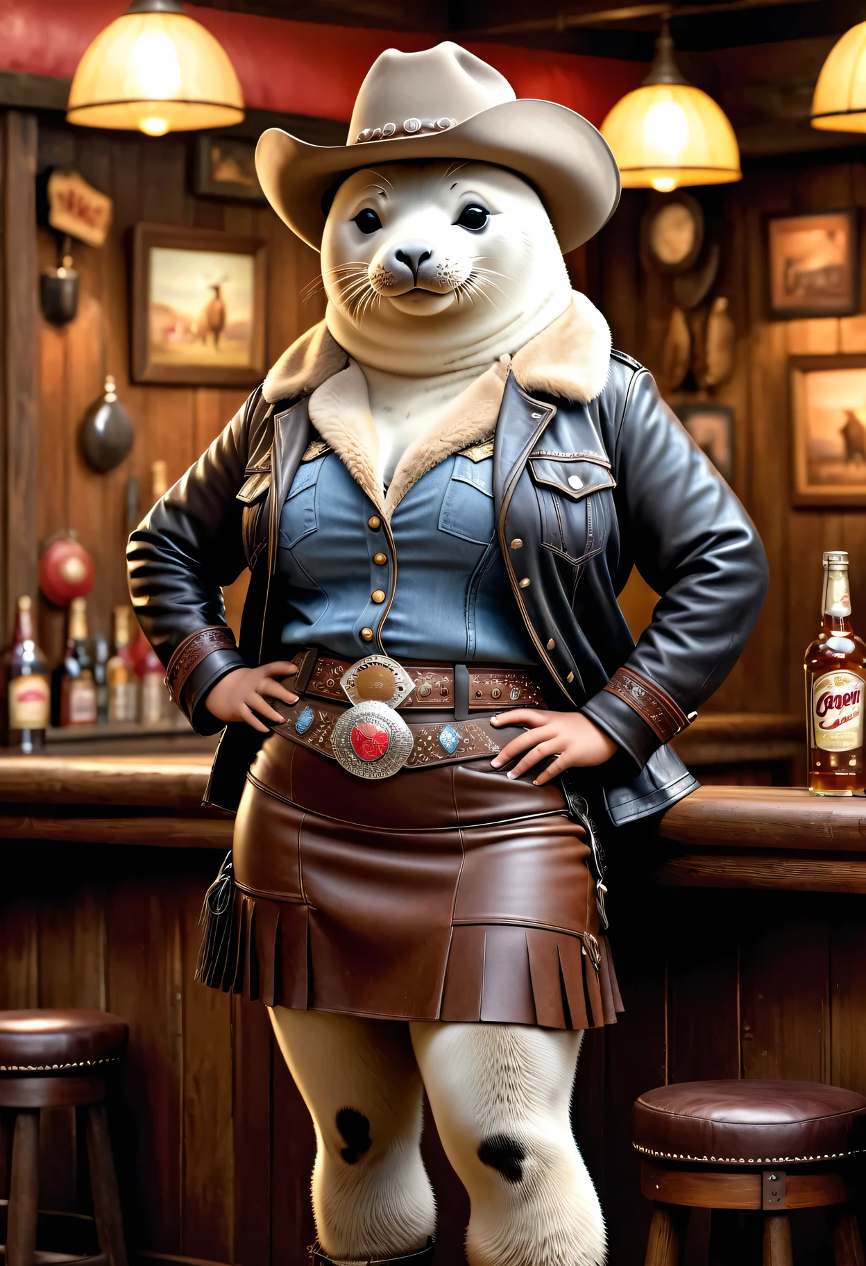 photorealistic portrait of ((Dressed animals)) - a ((fat)) ((seal)) cowgirl, (furry),(full body image:2.0),(elegant pose:1.5) Wearing cowboy clothes and hat,(wearing leather short skirt and jacket),(hands on hips:1.5),(happy),(smile:1.5), Old-fashioned cowboy hat, in western movie bar background, , western style bar background,(looking at viewer:1.5),score_9, score_8_up, score_7_up, score_6_up, score_5_up, score_4_up,