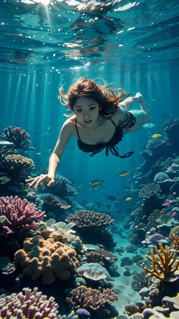 (Realistic, photo-Realistic:1.37),(8K, RAW Photos, Highest quality, masterpiece:1.2), cute, Ultra-detailed, 超High resolution, Kodak Vision Color, Filmed with an Arricam LT camera,Highest quality, Lively, 8K, High resolution, 1 girl, Escape, (Professional Lighting), (Portraiture:0.6), Brown Hair,21 years old、slender、Japanese、masterpiece, beautiful, elegant、starfish hair ornament、Upper body close-up、Sing happily、Top view、Ultra-fine detail, masterpieces, Realistic texture, Realistic Cinematic Lighting, Perfect job, 8K, High resolution, Clownfish swimming、Sea Turtle、Topless、Nipples are visible、 Adventurous divers exploring colorful coral reefs, Crystal clear waters teeming with marine life, Amazing underwater world,