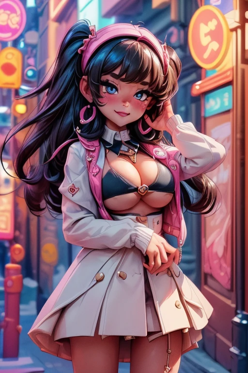 ((masterpiece, best quality, perfect eyes, perfect face, perfect anatomy, perfect lighting , ((Busty Bitches)), 1girl(1 teen)))  Ecchi chibi Pokemon girl in miniskirt , colourful clothes, located in nighttime dark alley of town,