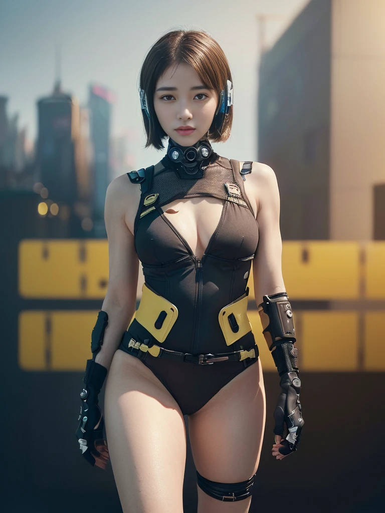 (A woman),(((A female special forces member stands))),((Yellow tactical High leg bodysuit:1.5)),((earphone:1.5)),((Tactical Holster:1.5)),(Gloves:1.5),(Serious:1.5),(Super short hair:1.5),(bionde:1.5),(beautiful eyes:1.3),(Very detailedな顔:1.5),((Very detailed drawing of a female hand:1.5)),((muscular:1.5)),(Sexy appearance:1.5),((Thick thighs:1.5)),(Beautiful Body:1.5),((Very sensual:1.5)),(The backdrop is a futuristic city:1.5),(Cyberpunk atmosphere:1.5),(((Blurred Background:1.5))),(Written border depth:1.5),rest(((masterpiece:1.5),(best quality:1.5),(Very detailed:1.5),(high resolution:1.5),(Practical:1.5),(Practical:1.5),(Delicate depiction),(Carefully drawn))),8k,wallpaper