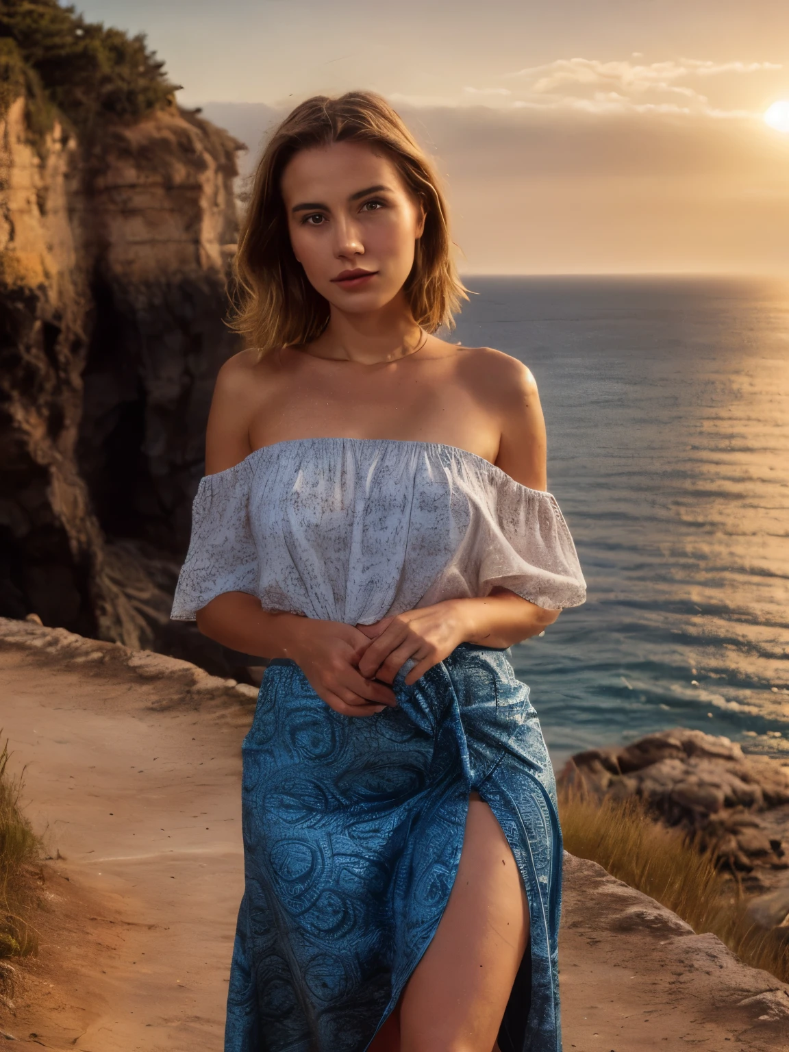 A young woman lies serenely on a steep serpentine walkway descending the rugged cliffs of Mallorca’s south coast, captured in the 1870s. Her attire includes a paisley print off-the-shoulder top and a flowing maxi skirt, both rendered in exquisite detail.

The off-the-shoulder top, made from fine cotton fabric, is adorned with a vivid paisley pattern in deep indigo and rich burgundy, interspersed with intricate gold thread detailing. The delicate fabric drapes elegantly over her shoulders, revealing her collarbones with grace. The flowing maxi skirt, crafted from lightweight silk, moves fluidly around her, featuring a subtle gradient from sea green at the hem to a soft coral at the waistband. The silk catches the light, enhancing the rich textures and the gentle sway of the fabric.

Her hair is styled in soft, wavy blond locks with a buzz-cut at the nape, creating a striking contrast. The sun casts a warm golden light over her, emphasizing the natural waves and rich texture of her hair.

The background showcases a dramatic coastal scene from the 1870s. The serpentine walkway, cobblestoned and weathered by time, winds down the steep cliffs with sharp turns, providing a breathtaking view of the azure Mediterranean Sea. The cliffs, rugged and textured, are dotted with patches of hardy, sun-bleached vegetation that cling to the rocky surfaces. Small wildflowers in hues of lavender and yellow add subtle pops of color against the muted greys and browns of the cliffside.

The beach below is a pristine stretch of golden sand, framed by the deep blue waters of the Mediterranean, which shimmer under the setting sun. The sun’s rays cast a warm, golden hue across the landscape, creating a peaceful and inviting atmosphere. The sea reflects the colors of the sky, ranging from pale azure near the shore to darker navy further out. Gentle waves lap at the shoreline, adding a rhythmic, soothing quality to the scene.

To the left and right of the walkway, the cliffs rise dramatically, 