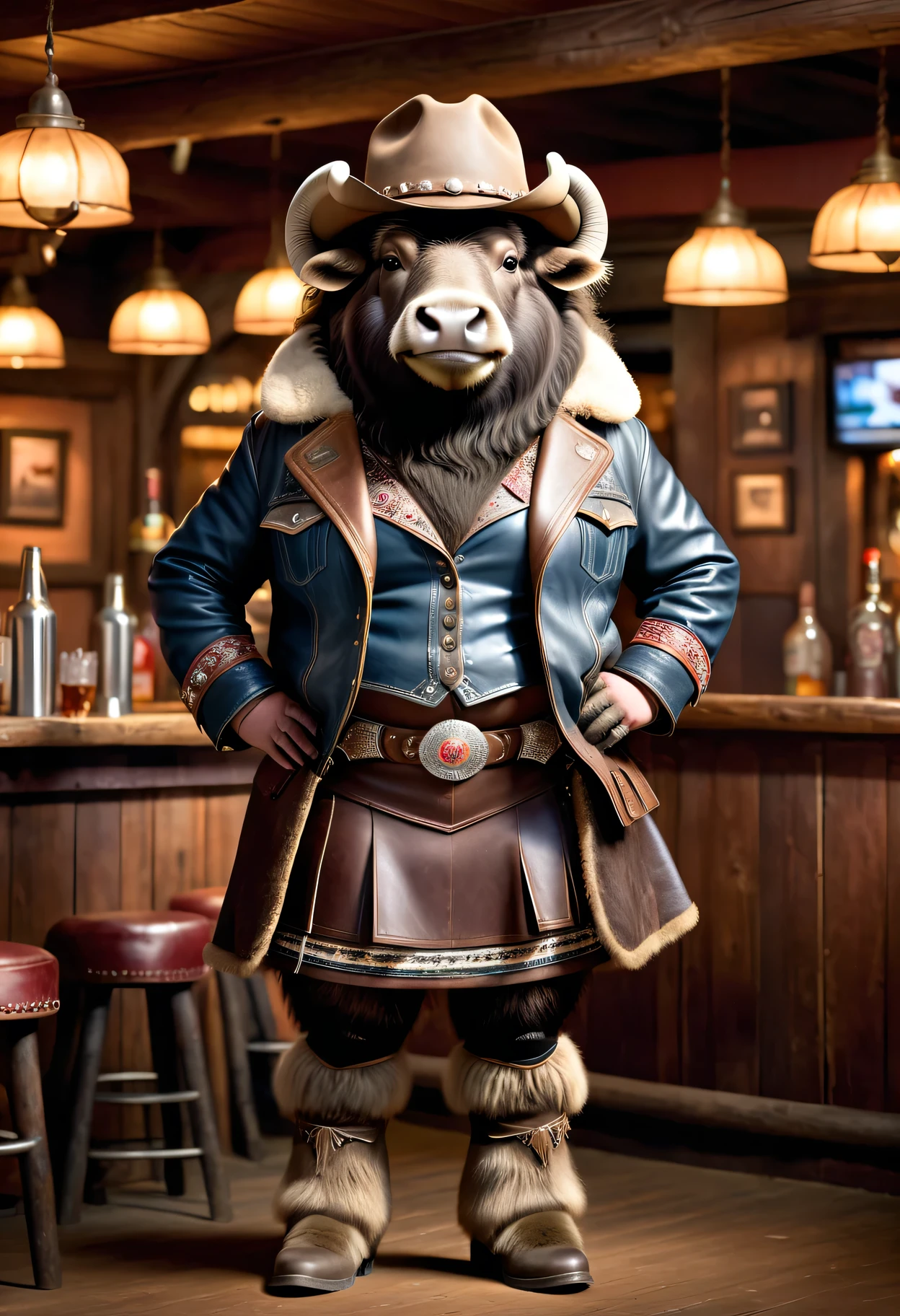photorealistic portrait of ((Dressed animals)) - a ((fat)) ((musk ox)) cowgirl, (furry),(full body image:2.0),(elegant pose:1.5) Wearing cowboy clothes and hat,(wearing leather short skirt and jacket),(hands on hips:1.5),(happy),(smile:1.5), Old-fashioned cowboy hat, in western movie bar background, , western style bar background,(looking at viewer:1.5),score_9, score_8_up, score_7_up, score_6_up, score_5_up, score_4_up,