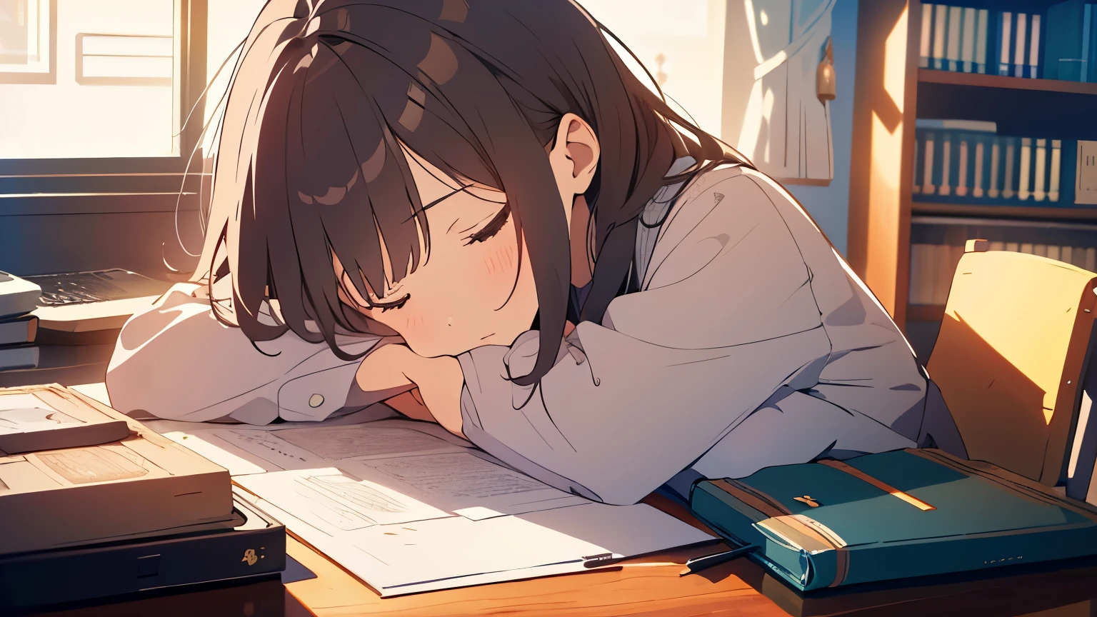 A view of a person immersed in study at a desk in a quiet private room. Alone, laptop and papers spread out on the desk, with a simple interior in the background, giving the impression of a relaxed state of concentration. High image quality, high definition, high quality. Masterpiece, top quality, ultra-detailed, super-detailed, 4K, 8K, (clearly drawn face).