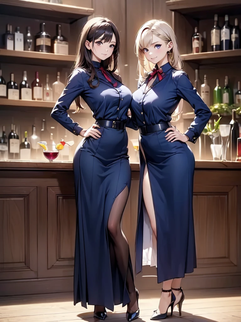 (masterpiece:1.5),high resolution,(best quality, highest quality),((Full Body Shot,Including face)),1girl,Standing position,4K,masterpiece,((Focus on the face)),((Pair of same-colored eyes)),Beautiful woman,slender,Beautiful feet,((Long skirt,High heels,Patterned stockings)),Detailed depiction of the face,bar counter,((Navy blue bartender uniform)),Realistic,,((Making a Cocktail))、walk