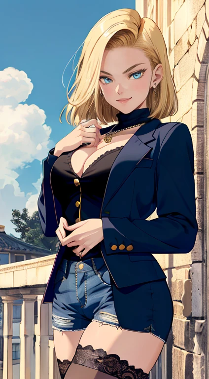 Masterpiece artwork, Best quality at best, ultra detali, absurderes, Beautiful portrait Android18DB, only, ear nipple ring, (比基尼:1.5),dress badly,jewerly, (Ombro to ombro suit:1.5),neckleace, fully body,he used to smile, thongs, vests, clouds, Celestial sky, days days, exteriors,Super jean shortsbest quality, Masterpiece artwork, details Intricate, Tone-mapping, sharp focus, ultra detali, Artstati is the trend,lips, face perfect, blush, mistress, Breasts huge, perfects eyes, Room, lingerie, love-preta league, blackstockings,