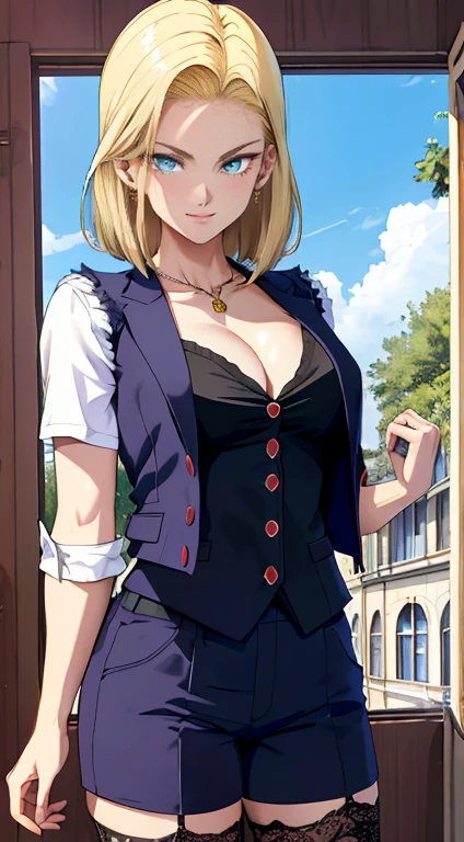 Masterpiece artwork, Best quality at best, ultra detali, absurderes, Beautiful portrait Android18DB, only, ear nipple ring, (比基尼:1.5),dress badly,jewerly, (Ombro to ombro suit:1.5),neckleace, fully body,he used to smile, thongs, vests, clouds, Celestial sky, days days, exteriors,Super jean shortsbest quality, Masterpiece artwork, details Intricate, Tone-mapping, sharp focus, ultra detali, Artstati is the trend,lips, face perfect, blush, mistress, Breasts huge, perfects eyes, Room, lingerie, love-preta league, blackstockings,