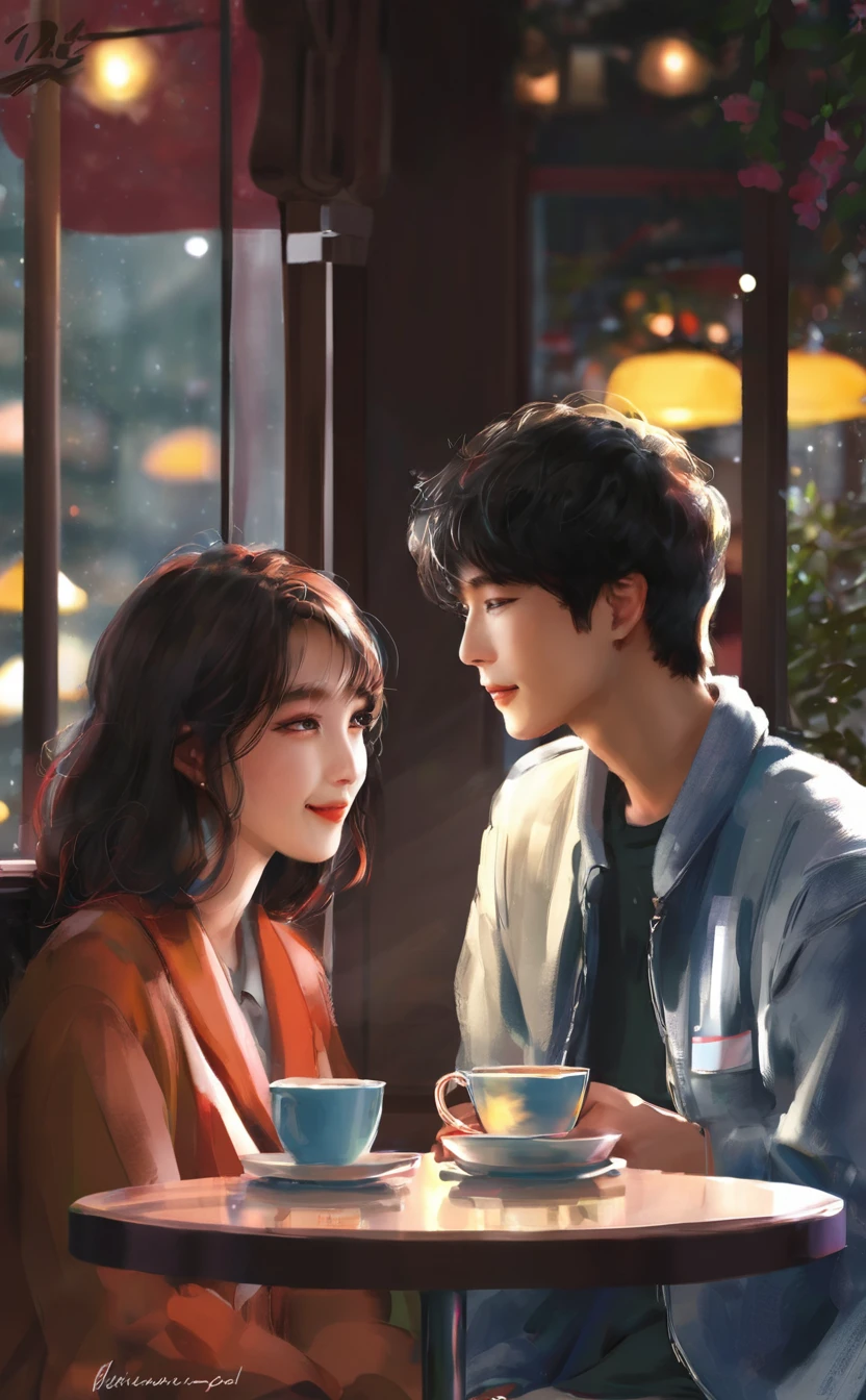 Scene in a cozy cafe in Seoul. mariana, young Brazilian woman, bumps into Jae-sung, Young Korean man. Their eyes meet and shy smiles are exchanged. The cafe&#39;s ambience is decorated in a modern and welcoming Korean style, characterized by dark wood furniture, soft lighting and traditional decor details. Use the &#39;sfumato&#39; painting technique to soften the lines and create a diffused light effect that highlights the cosiness and warm atmosphere of the café