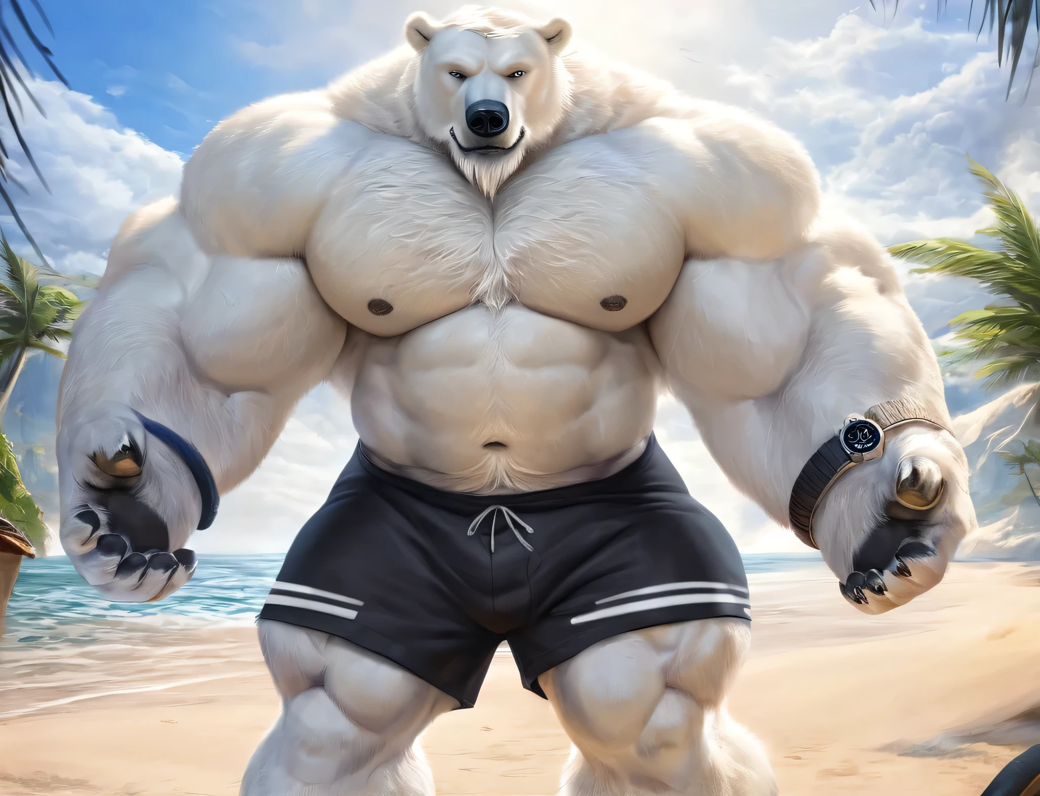 huge muscular polar bear Dad in Tropical Beach, big smirk, polar bear, huge white fur, thick arm, huge arm, bearded. Short white hair and white beard, white mustache, bearded white, (muscular, pectoral, wide pectoral, thick arms), correct anatomy, beach, palm, realistic, detailed eyes, 8k, masterpiece, (wearing black swim shorts with white lines and slits, wristband, watch and shirtless), straining, gainig massive muscle power
