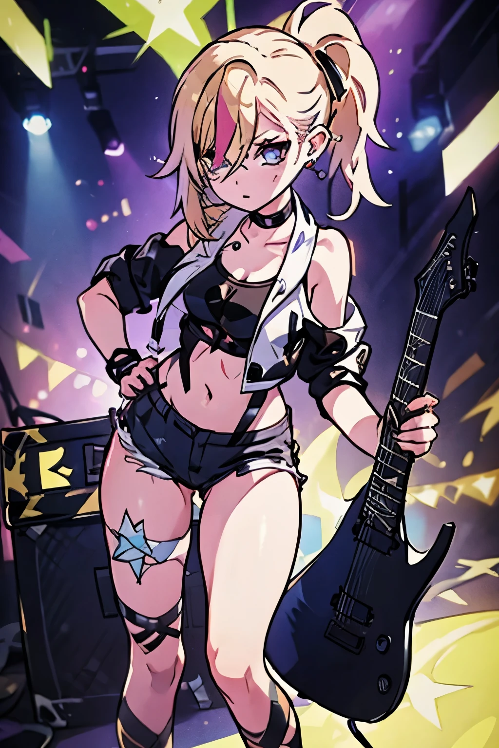 realistic:1.2, Rocker girl wearing a leather jacket,slim body shape、Normal bust size, full body shot, 1two electric guitars, clothes with spikes,white tank top、Navel exposed、low rise leather shorts,tattoo,earrings dark lipstick, blue eyes,blonde twintail hair,black ribbon, beautiful and perfect legs, confident look, punk style ,dynamic pose, dynamic lighting, brightly colored stage,colorful stage lights, ant alexa 65, 50MM lens