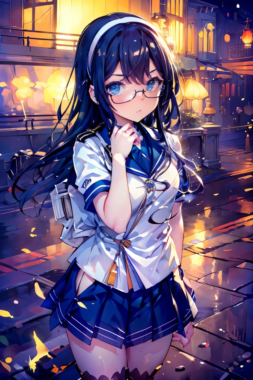 Browsing Caution((masterpiece)),((Highest quality)),((Ultra-high resolution)),((Highest Resolution)),((Very detailed build)),((Professional Lighting)),((Bust Shot)),((on the breakwater)),((Standing posture)),Kantai Collection,Oyodo,((Kissing Face:1.4)),Professional Lighting,Black straight hair,hair band,((Small breasts)),((Flip up the skirt)),((Glasses)),boots,White uniform,Navy Blue Skirt,