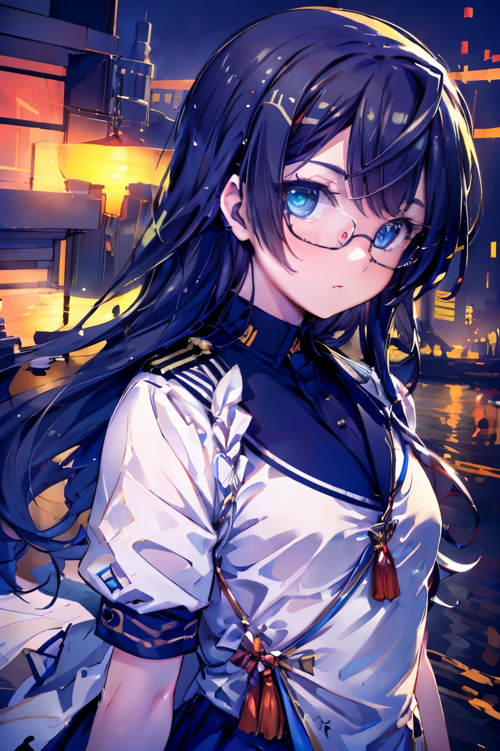 Browsing Caution((masterpiece)),((Highest quality)),((Ultra-high resolution)),((Highest Resolution)),((Very detailed build)),((Professional Lighting)),((Bust Shot)),((on the breakwater)),((Standing posture)),Kantai Collection,Oyodo,((Kissing Face:1.4)),Professional Lighting,Black straight hair,hair band,((Small breasts)),((Flip up the skirt)),((Glasses)),boots,White uniform,Navy Blue Skirt,