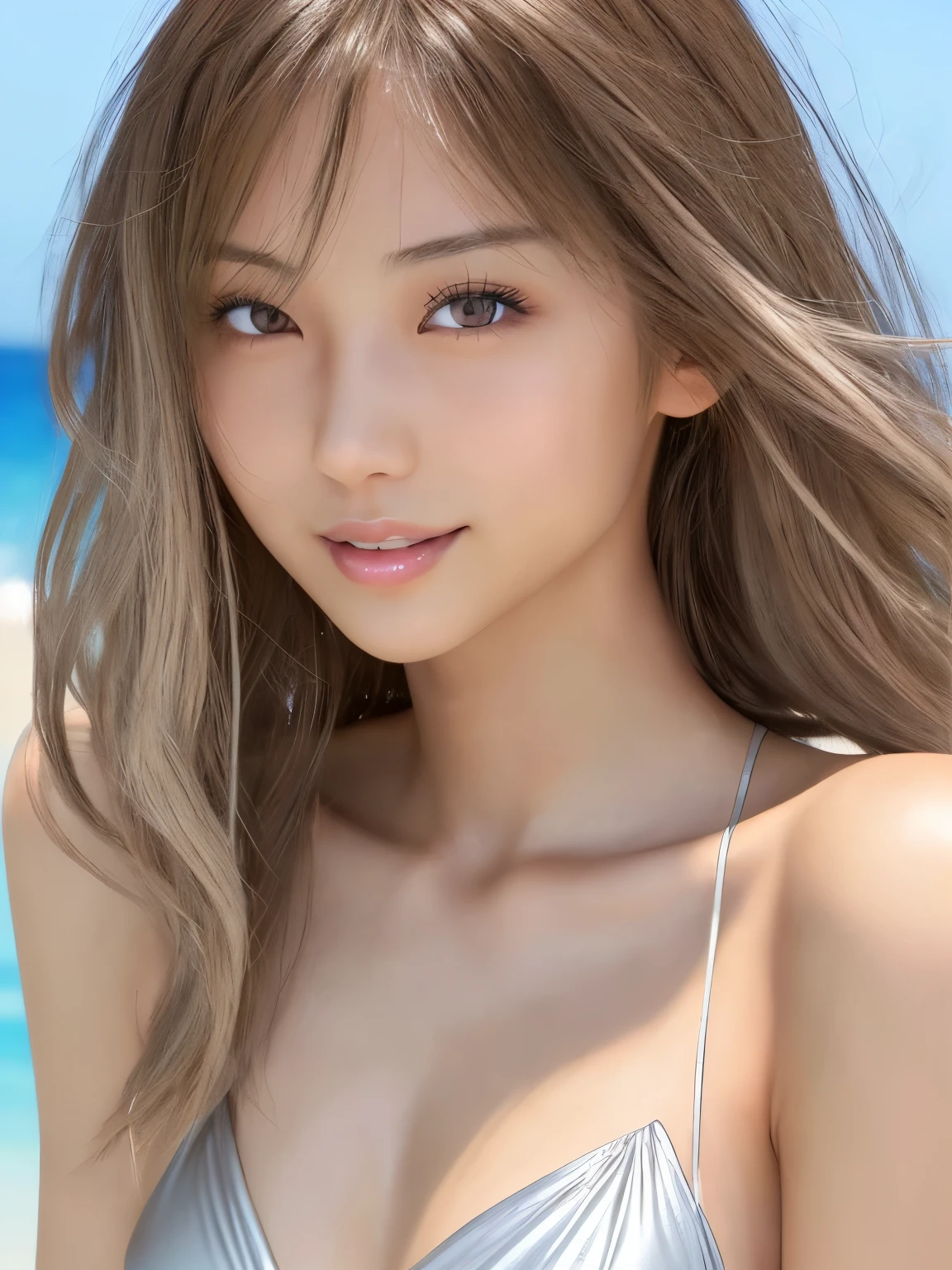 Beautiful young Japanese woman,, Light, shiny, brown, silky, shoulder-length hair, Wearing a light silver bikini, Perfect dynamic composition, Beautiful Eyes,Beautiful Face,Fine hair, Detailed and realistic skin texture, A gentle smile, Model body type、Slim and toned waist、whole body