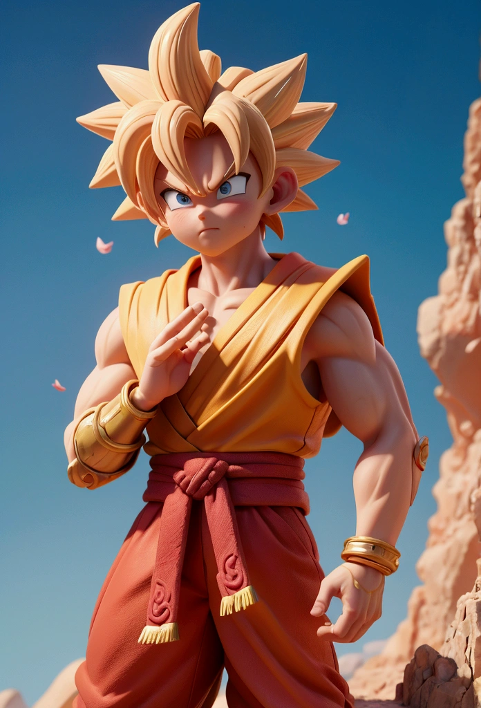 masterpiece, ultra detailed background, delicate pattern, intricate detail, highly detailed, fine details, best quality, studio lighting, 4K, 8K,
1boy, super saiyan, outstretched arm, outstretched hand, (blonde hair:1.3), clenched hands, frown, solo, standing, Akira Toriyama,
rocks, wilderness, blue sky,blurry, blurry background, blurry foreground, depth of field, motion blur,
cowboy shot,
son goku, 

